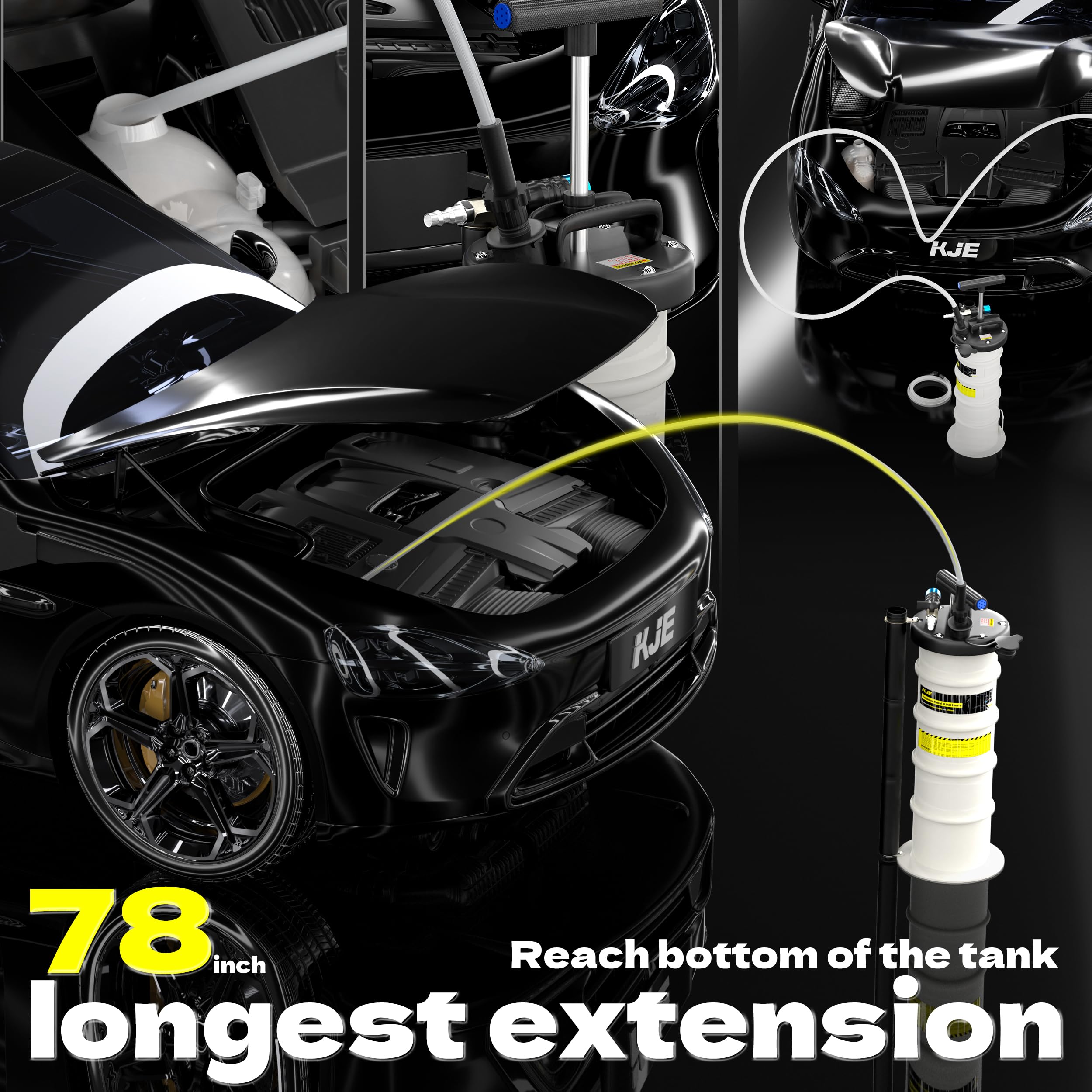KJE longest extension tube reaching deep reservoir, enables thorough fluid removal