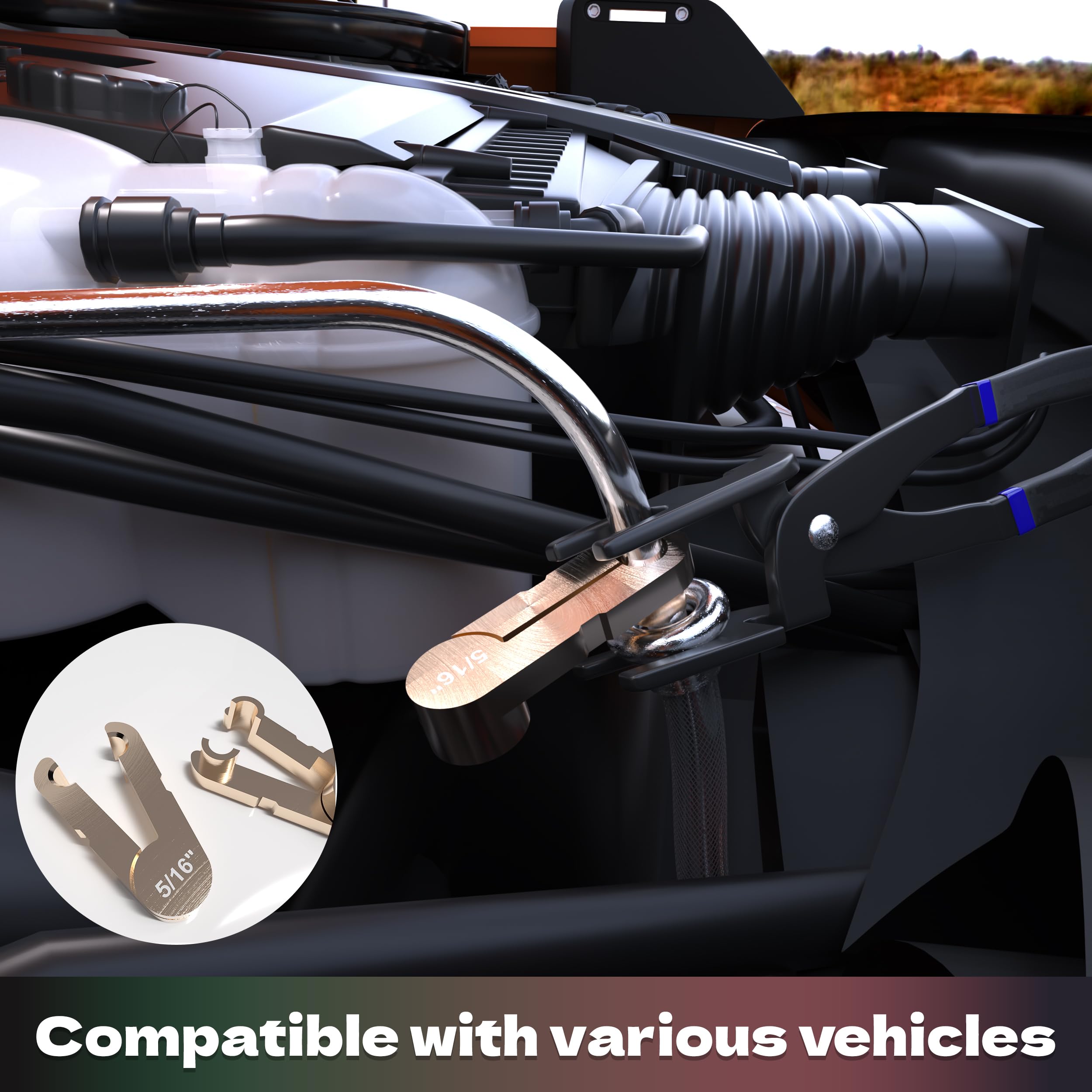 KJE tool being used on a fuel line in an engine bay for tight access