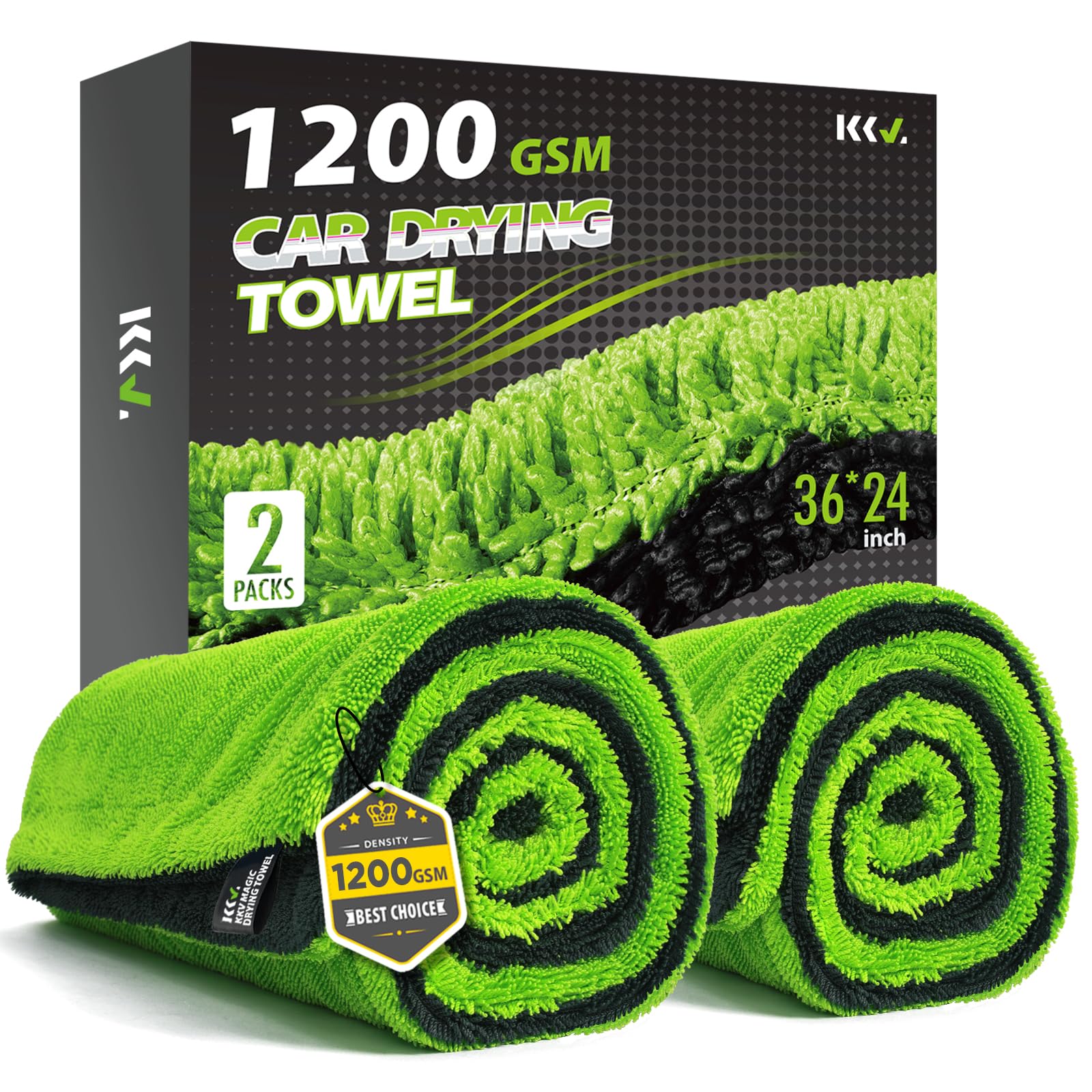 KKV front packaging showing two green microfiber towels and benefits