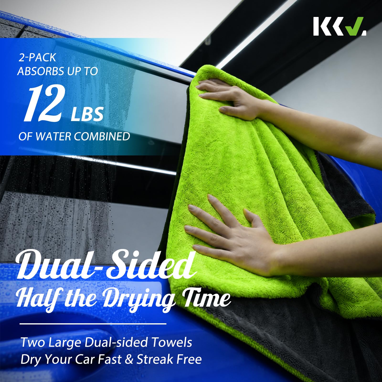 KKV towel size shown with hand for easy handling and coverage