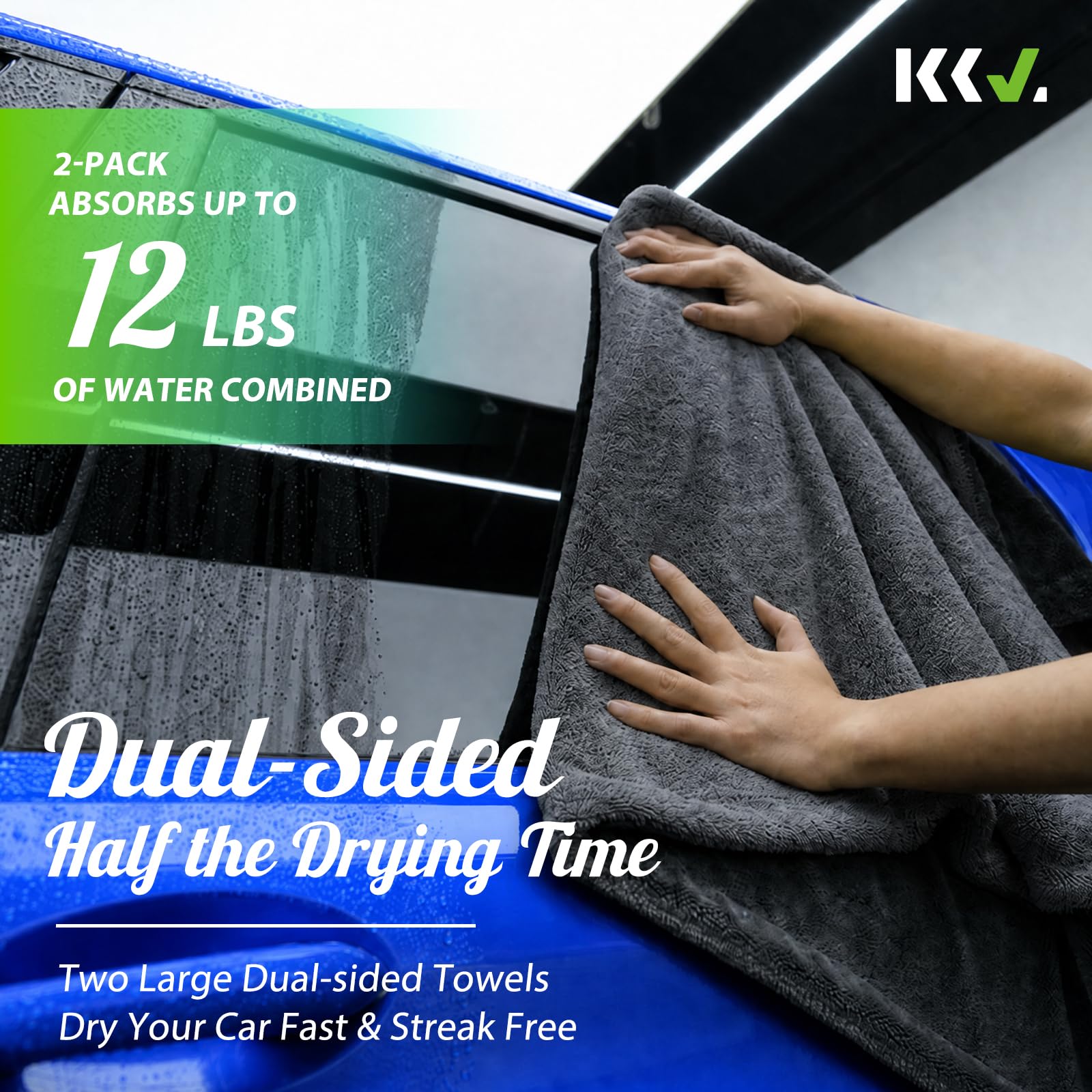 KKV towel next to hand for scale showing easy handling and generous coverage