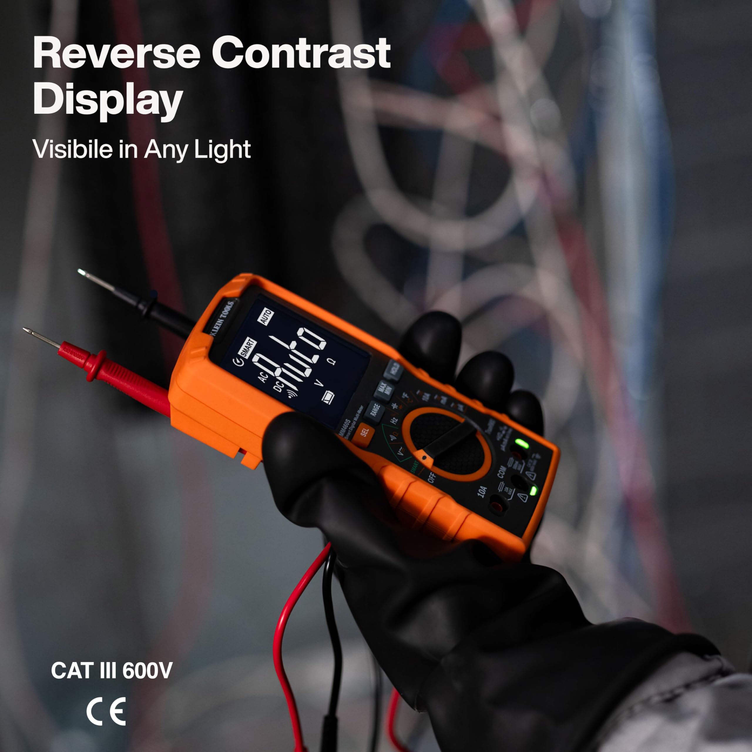 Klein Tools MM460S backlit LCD close-up for high-contrast visibility in any light