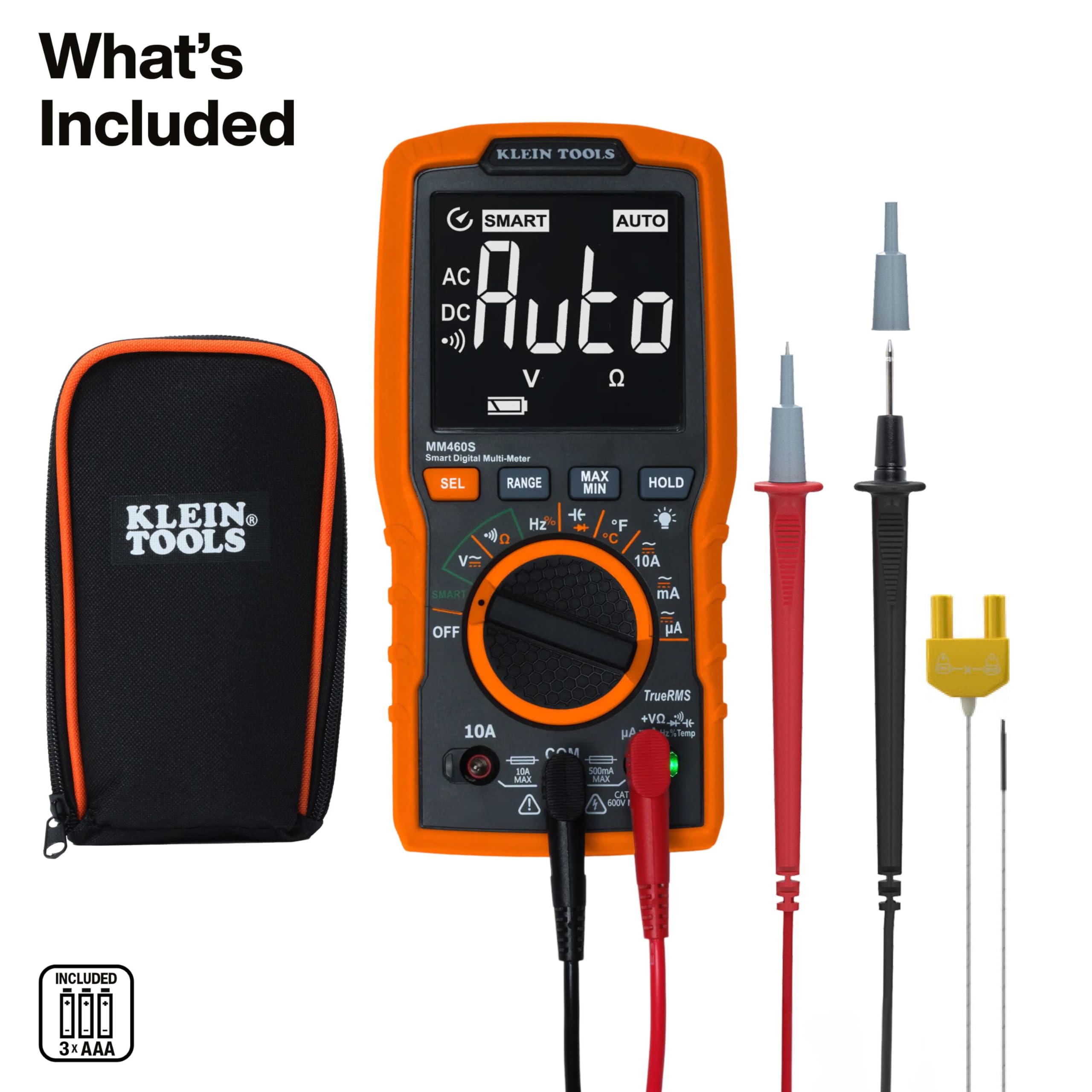 Klein Tools MM460S close-up of built-in test lead holders for hands-free convenience
