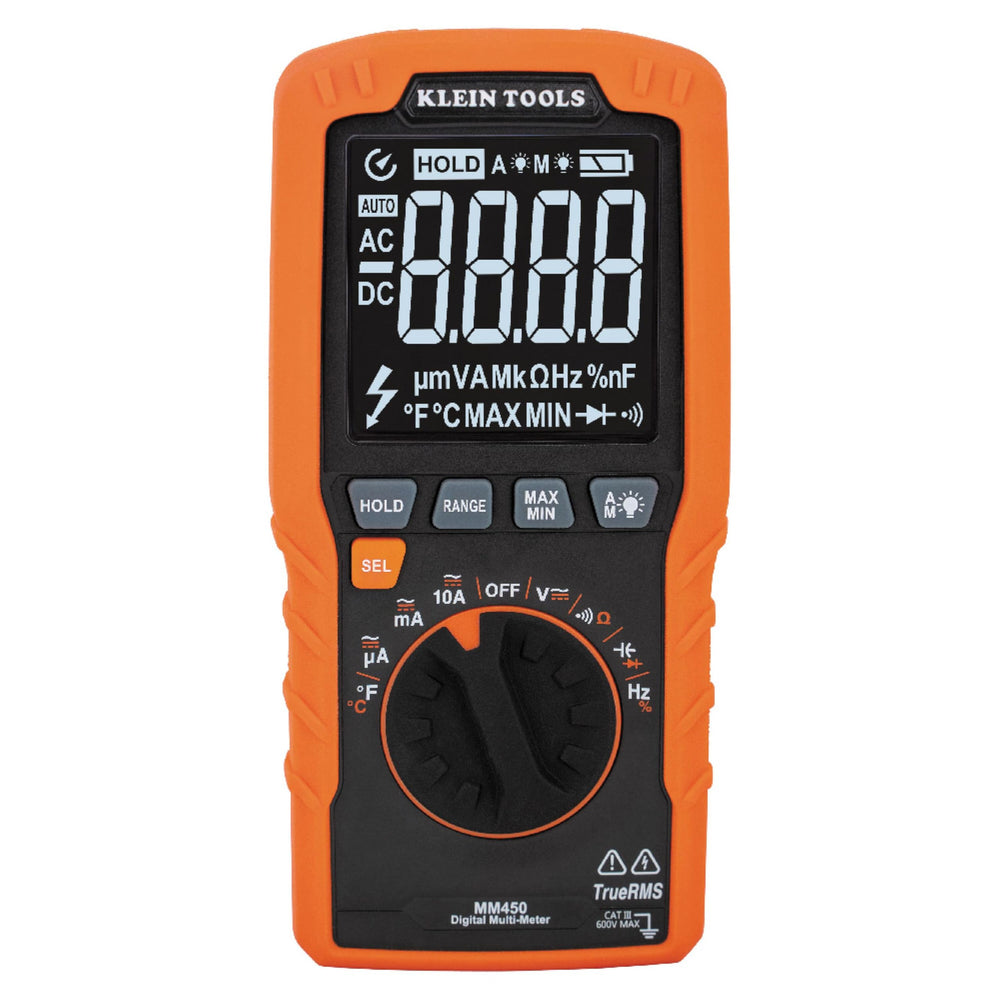 Klein Tools MM450 front view showing display and controls, improves readability