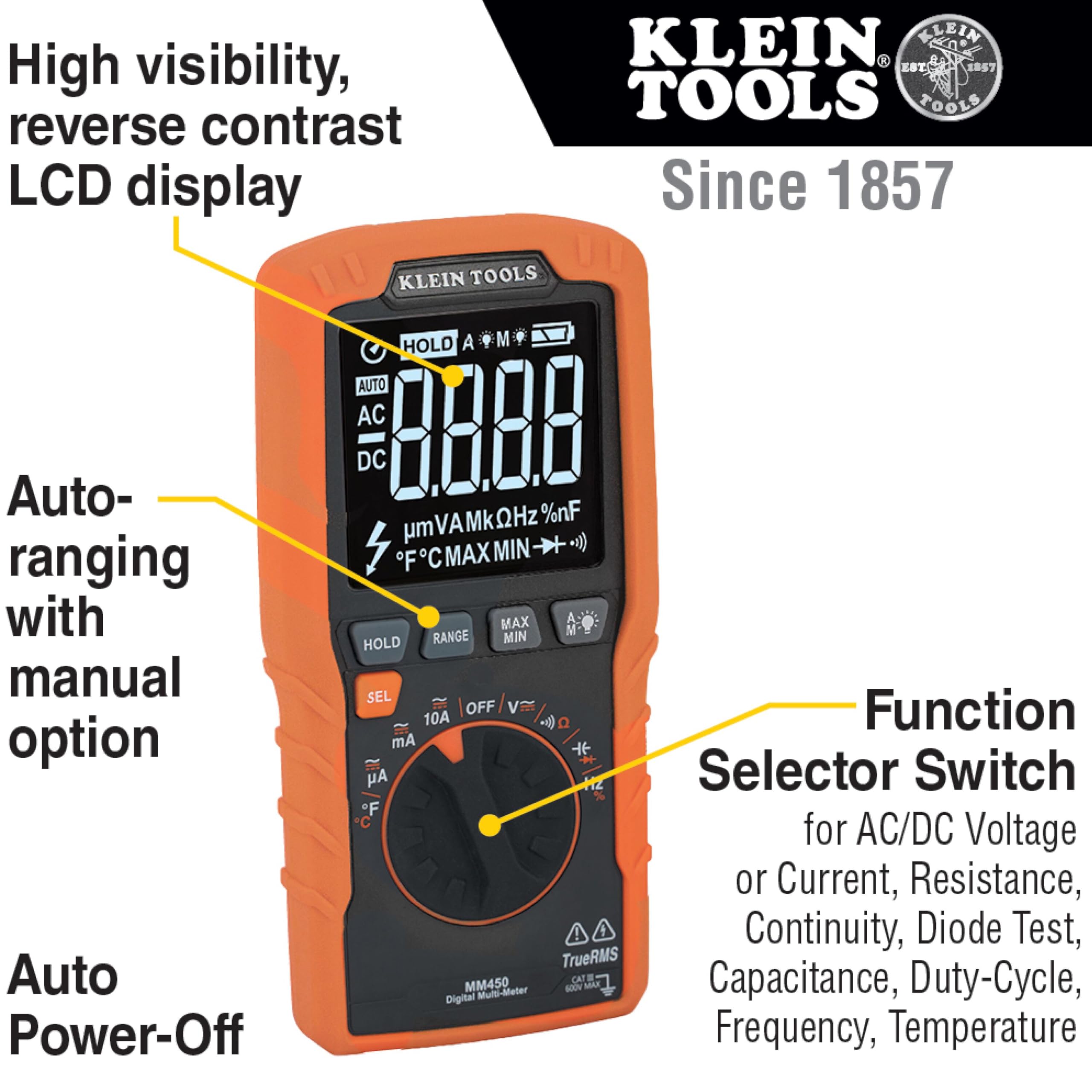 Klein Tools MM450 lead-alert LEDs lit to confirm correct probe placement