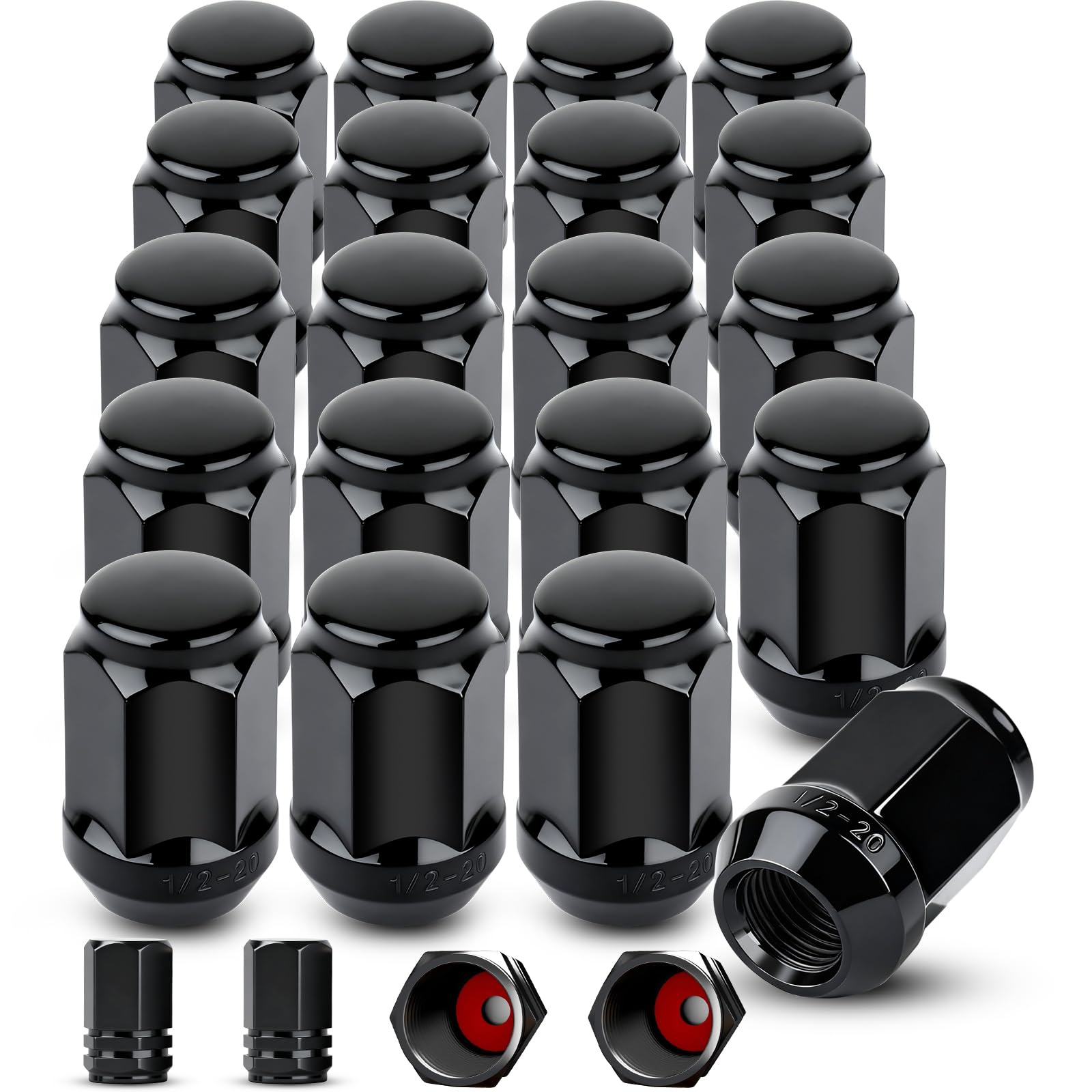 Klmnduo front view of 20 black closed-end lug nuts showing complete set and clean finish