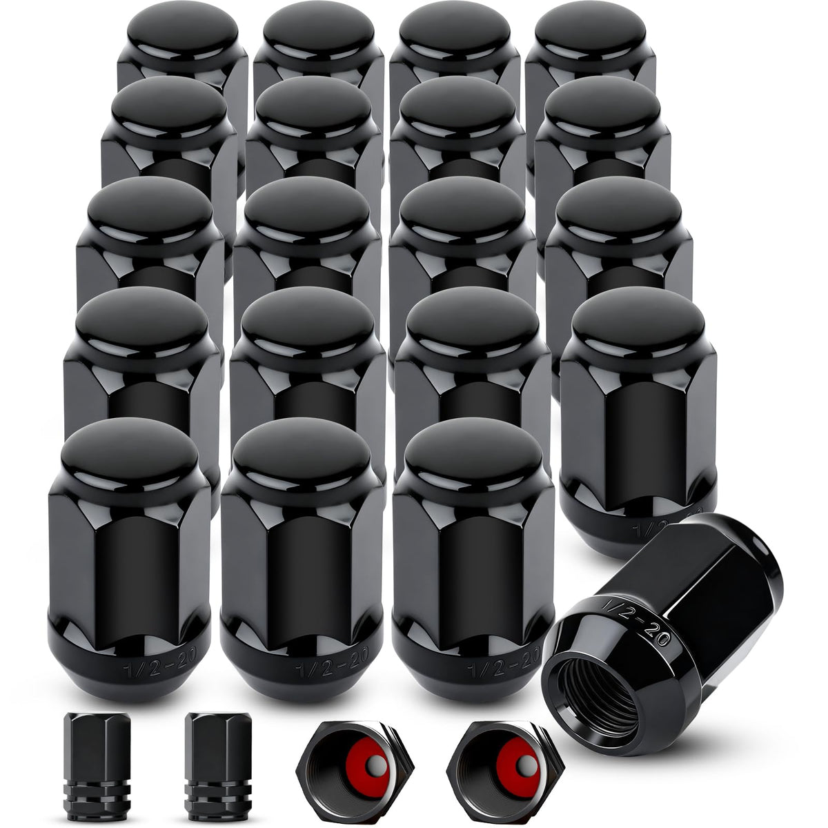 Klmnduo front view of 20 black closed-end lug nuts showing complete set and clean finish