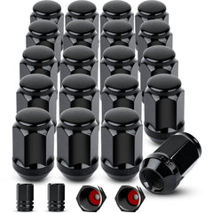 Klmnduo front view of 20 black closed-end lug nuts showing complete set and clean finish