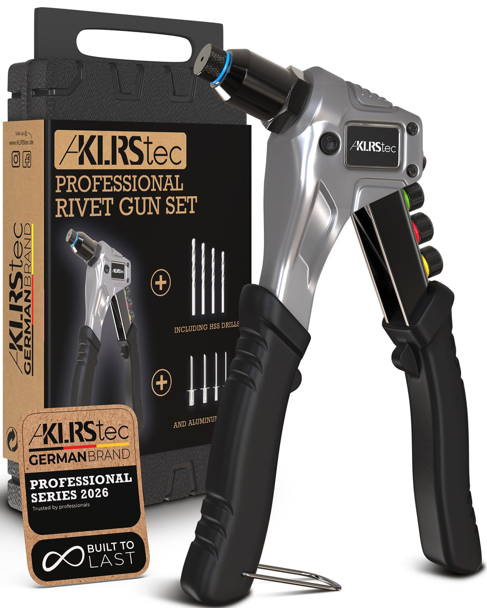 KLRStec rivet gun front view showing robust build and professional handling benefit