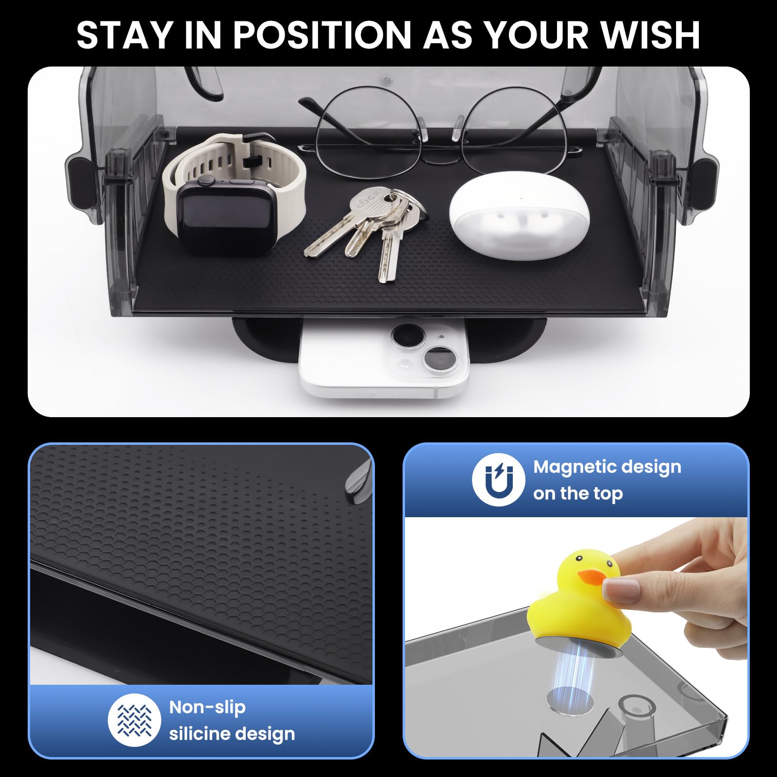 Klutchtech folded tray hidden behind screen illustrating privacy and clutter reduction