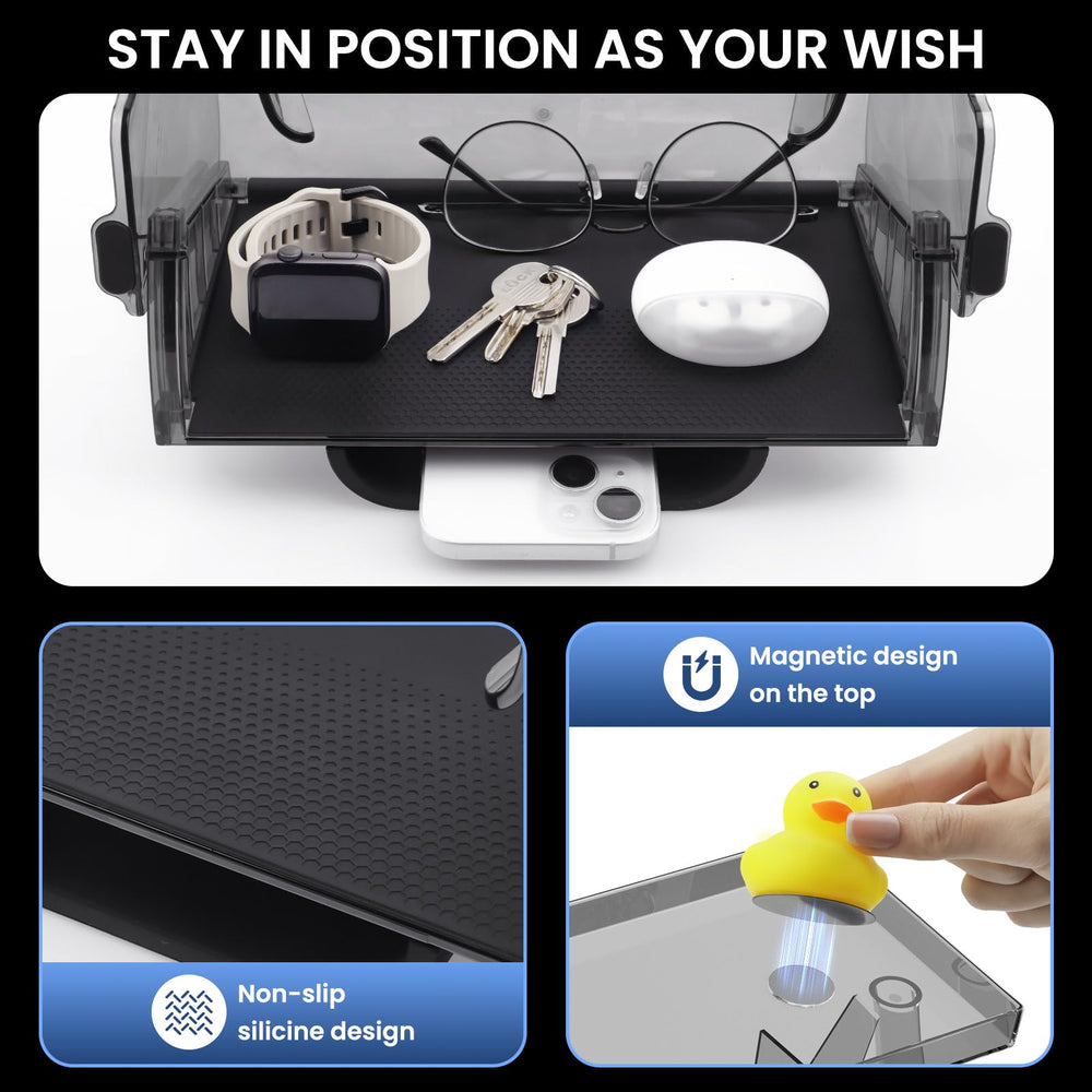 Klutchtech folded tray hidden behind screen illustrating privacy and clutter reduction