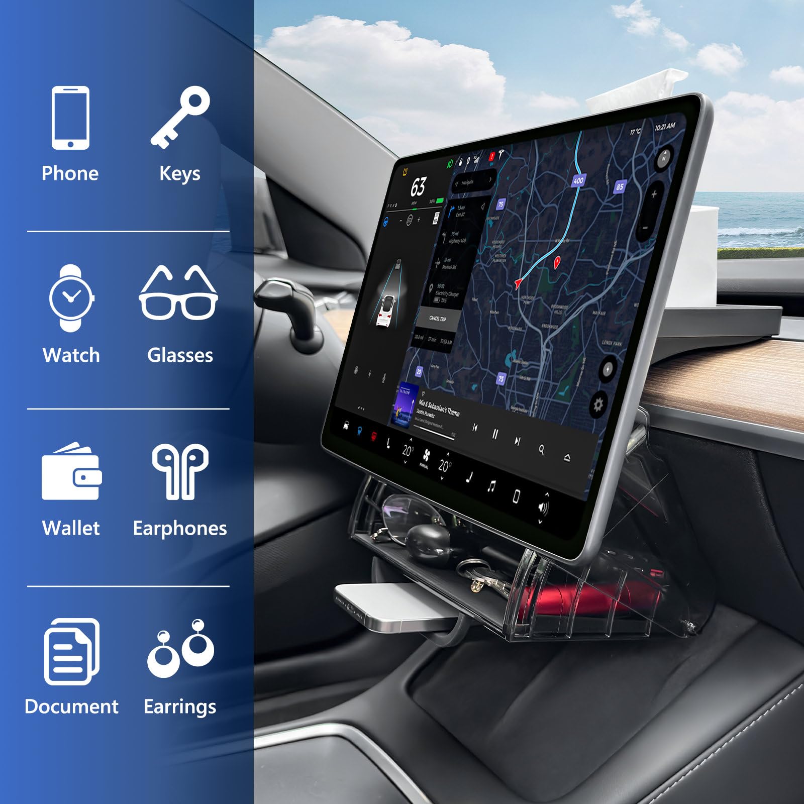 Klutchtech passenger-angle view of hidden tray showing discreet privacy benefit