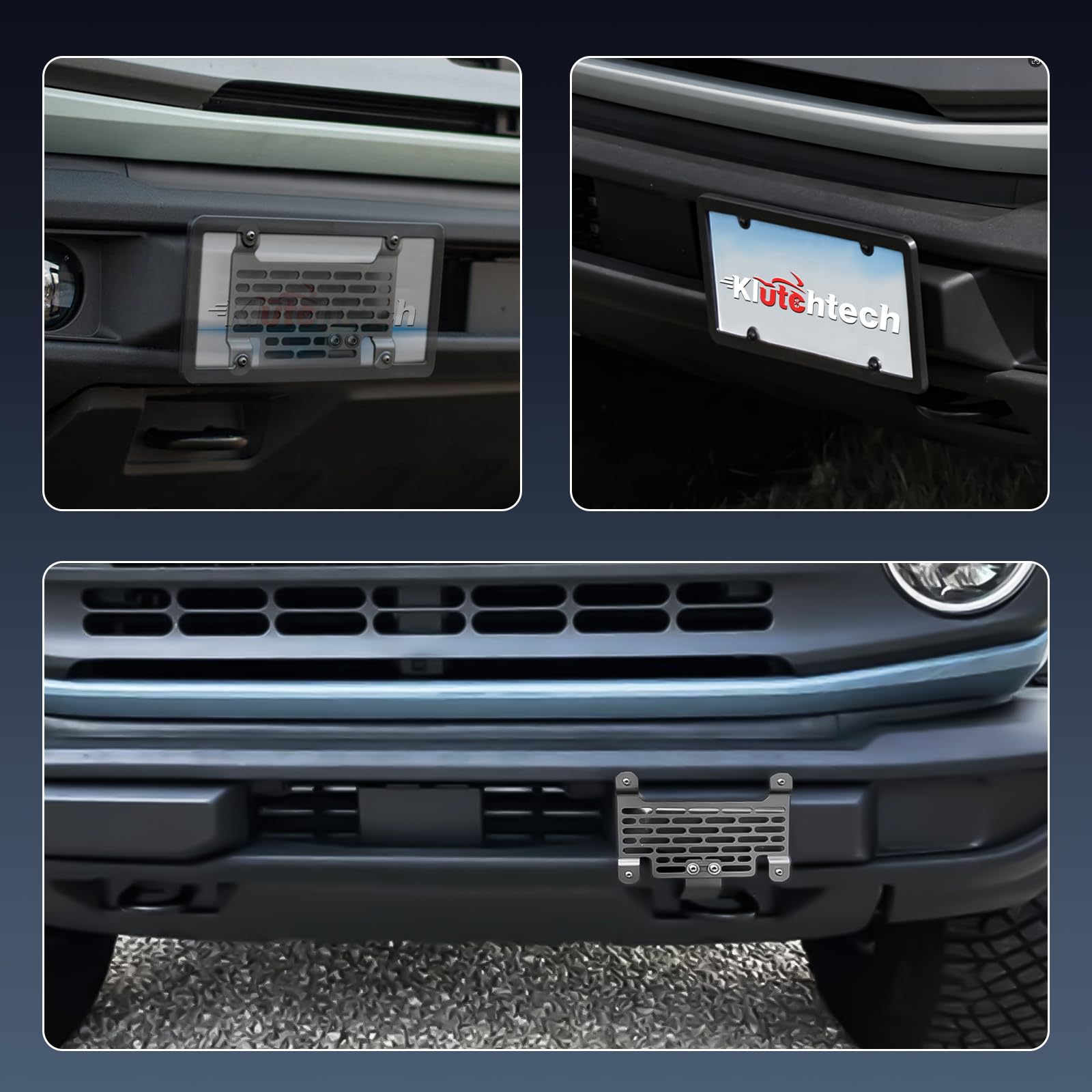 Klutchtech on Bronco offroad trail maintaining plate security during use