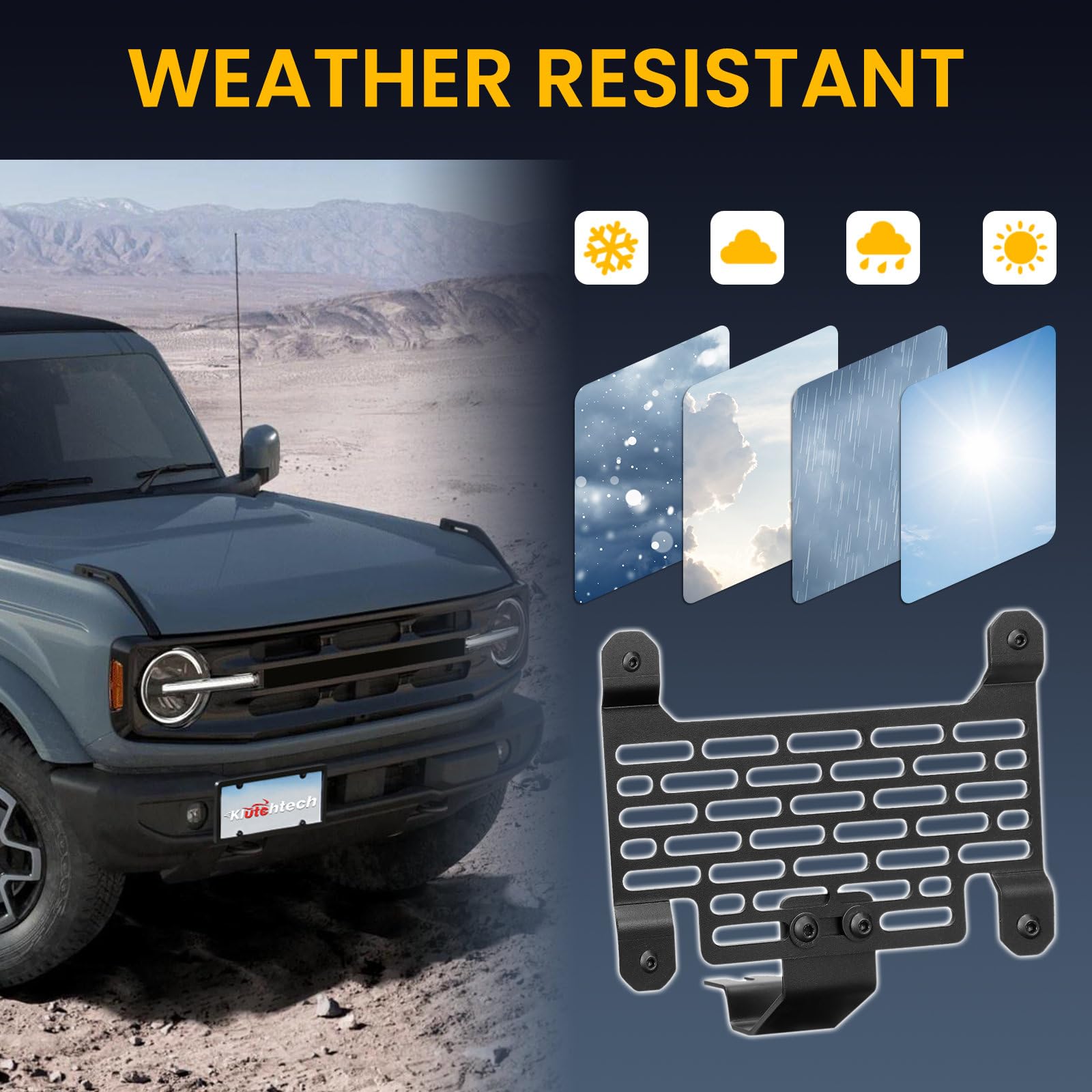 Klutchtech on parked Bronco in urban setting enhancing front appearance