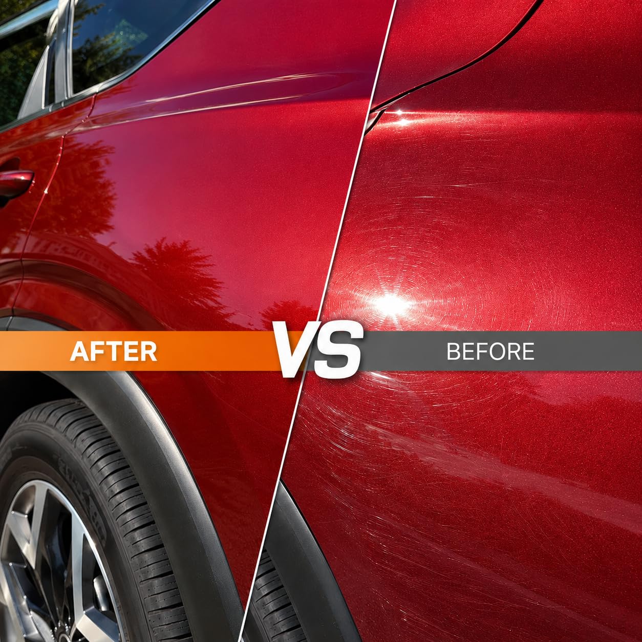 Klynelix before and after on a vehicle panel demonstrating restored gloss