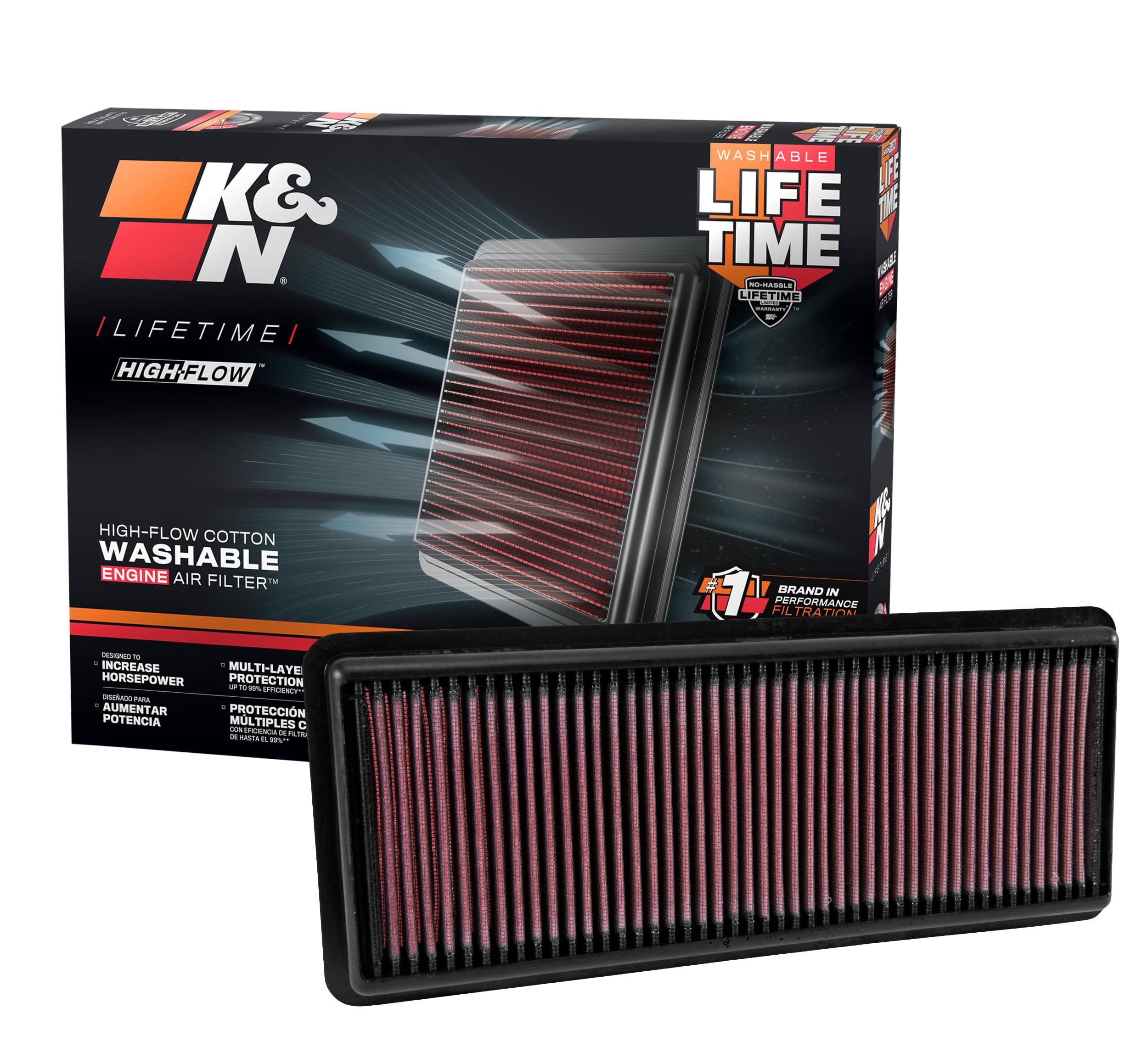 K&N front packaging showing model 33-5040 and fitment benefit