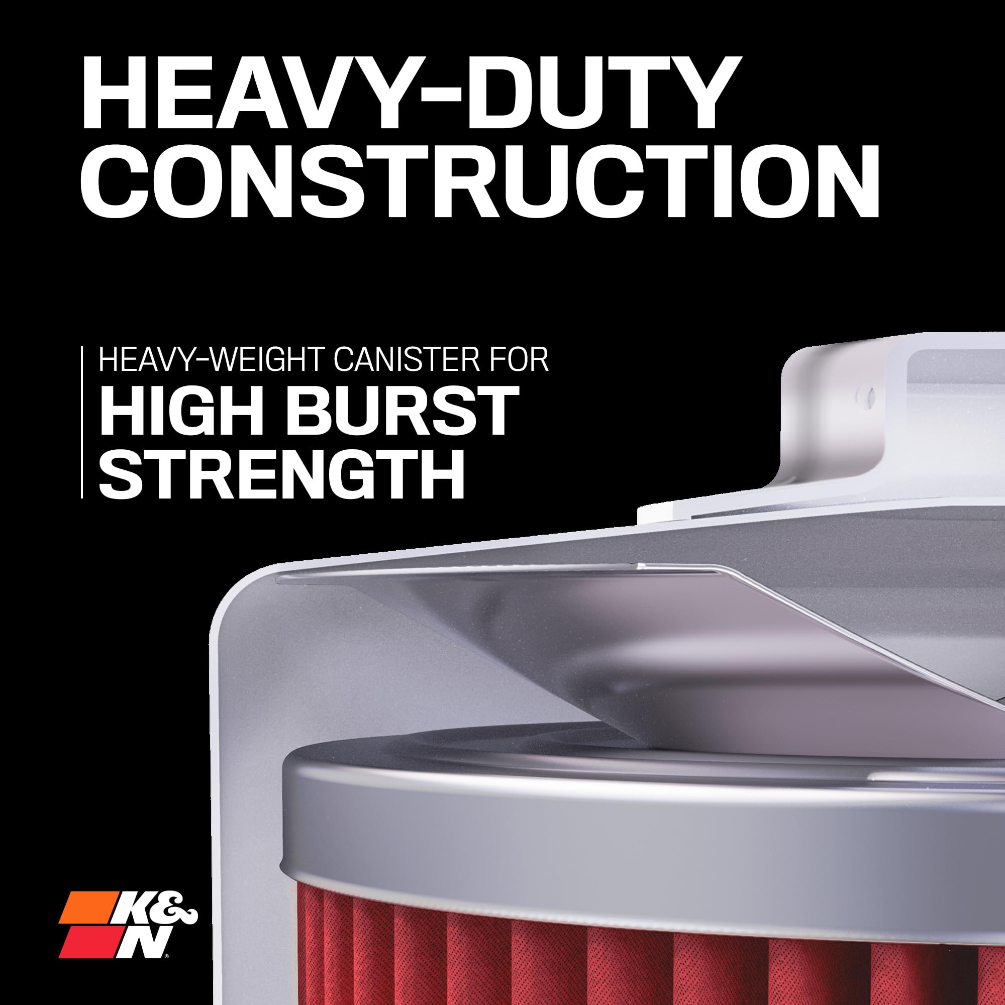 K&N heavy-duty canister and reinforced baseplate showing durable construction