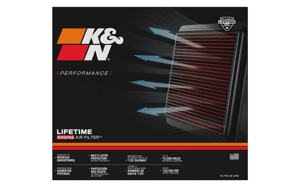 K&N filter installed in vehicle airbox illustrating direct-fit upgrade and performance