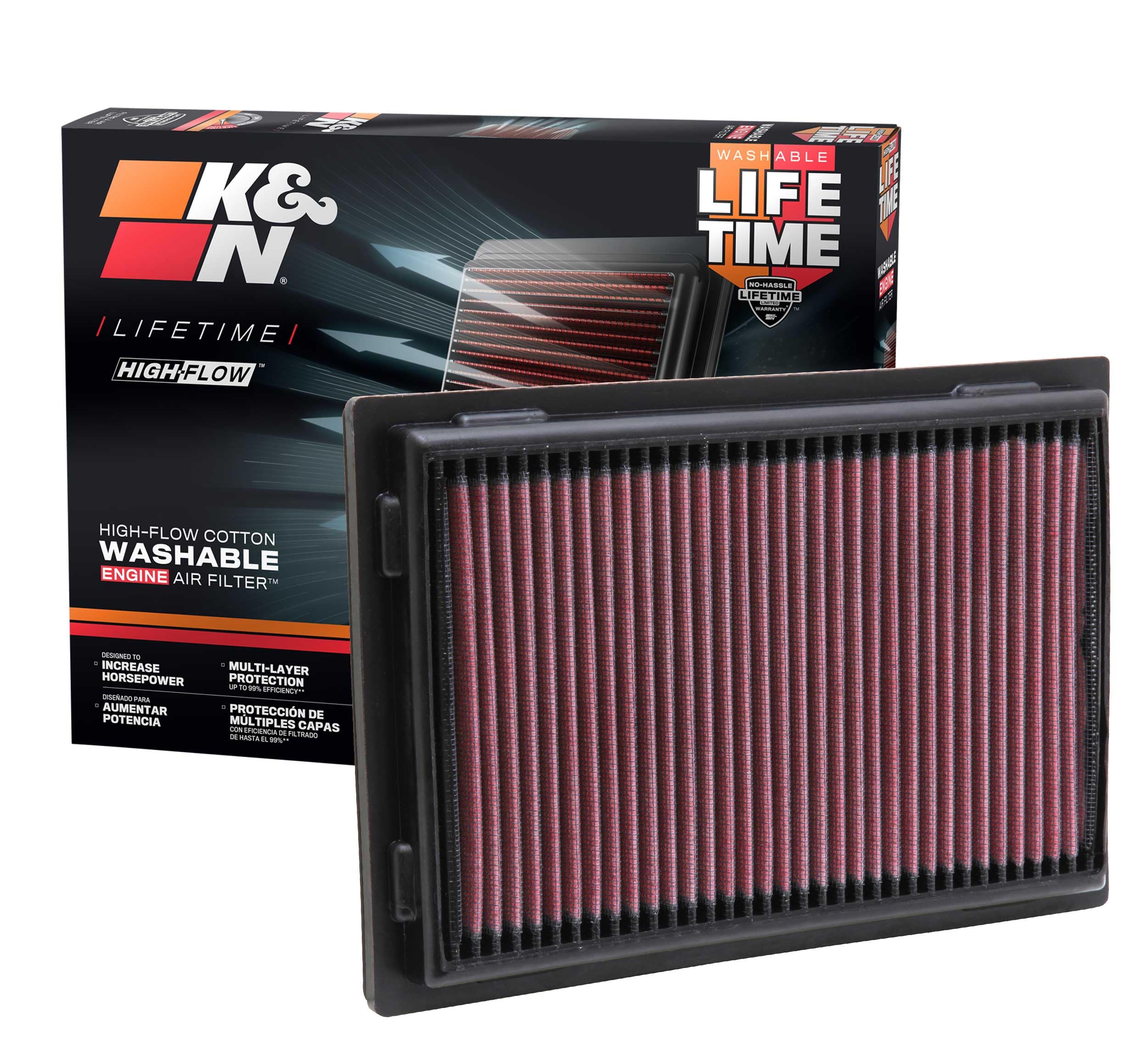 K&N front view of boxed 33-2381 filter showing model and fitment benefits