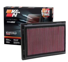 K&N front view of boxed 33-2381 filter showing model and fitment benefits