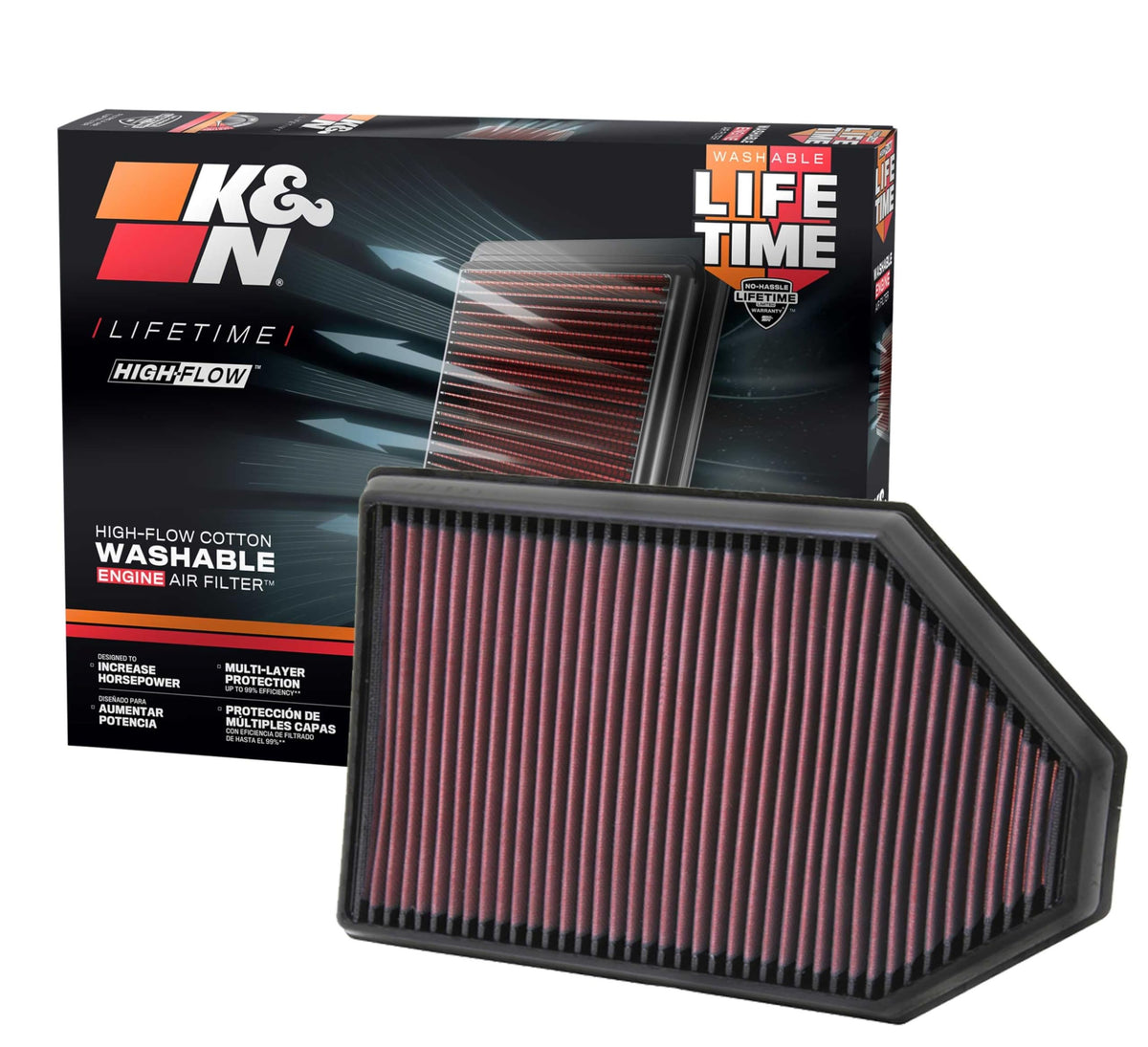 K&N front view of 33-2460 showing ready-to-install filter and packaging for quick upgrade