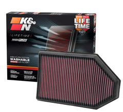 K&N front view of 33-2460 showing ready-to-install filter and packaging for quick upgrade