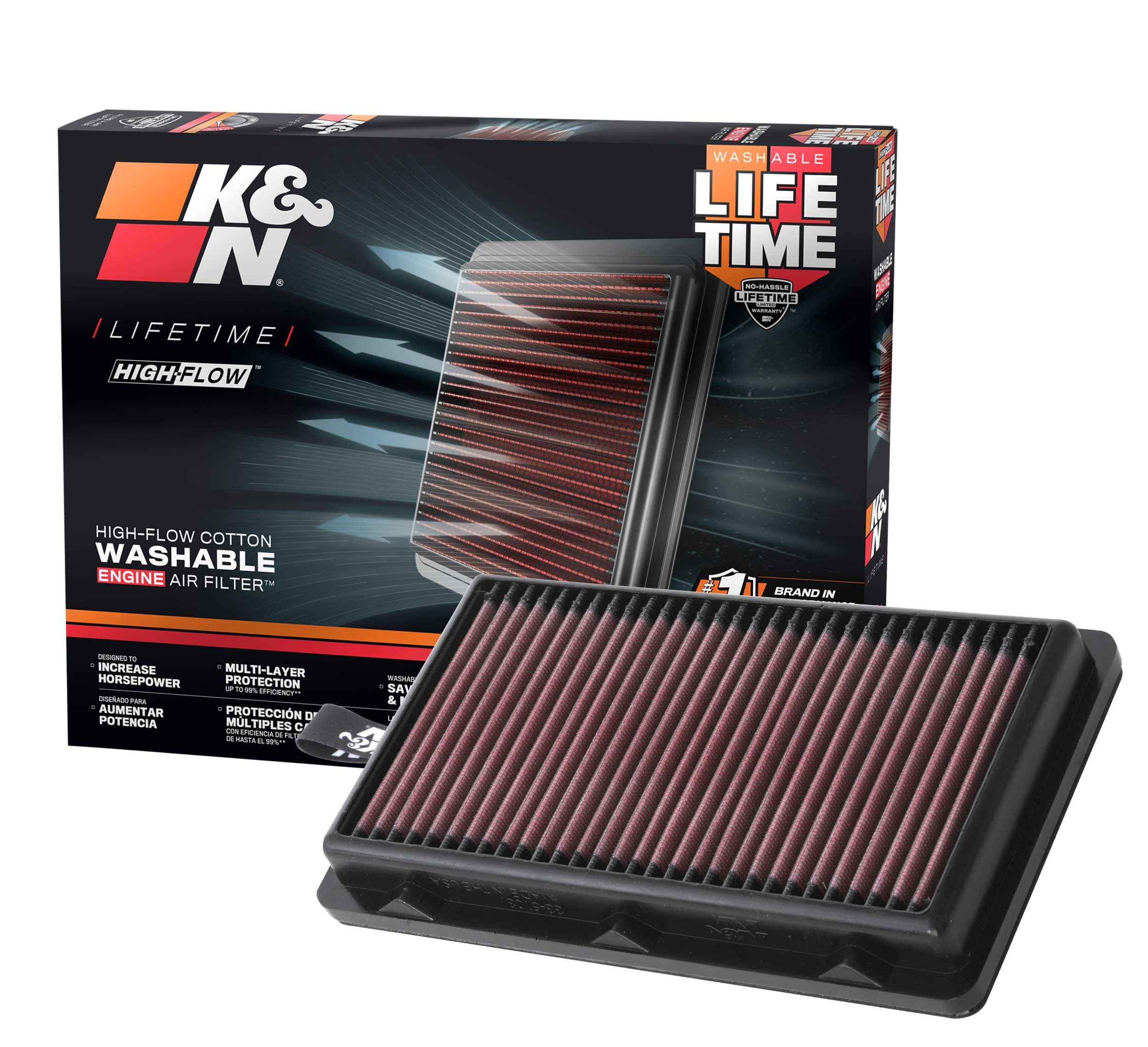 K&N front view of filter showing ready-to-install design and fit