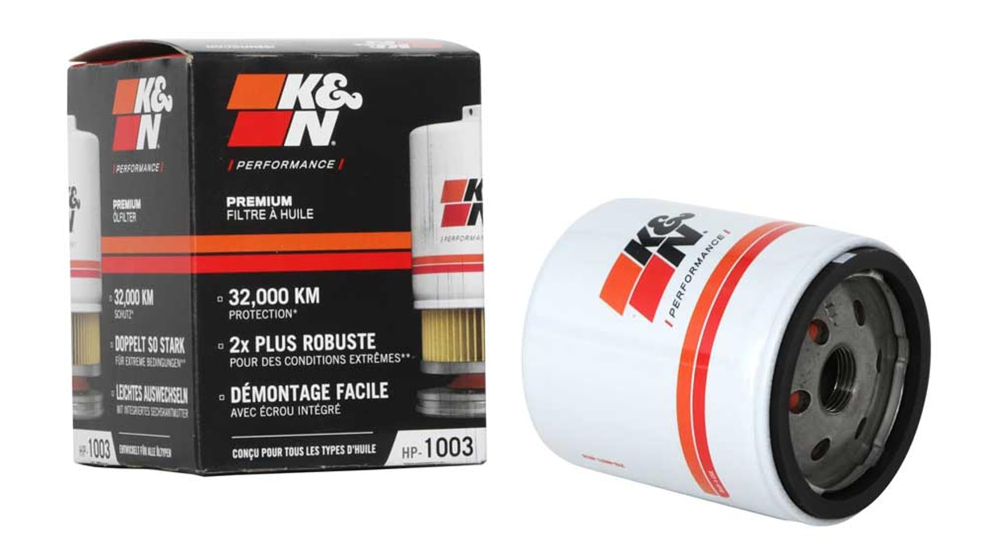 K&N HP-1003 front view showing durable canister and fitment benefit