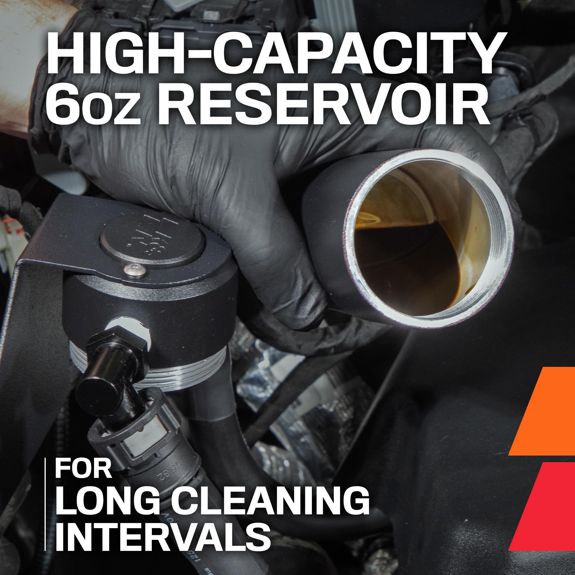 K&N reservoir close-up highlighting capacity and easy visual inspection benefit