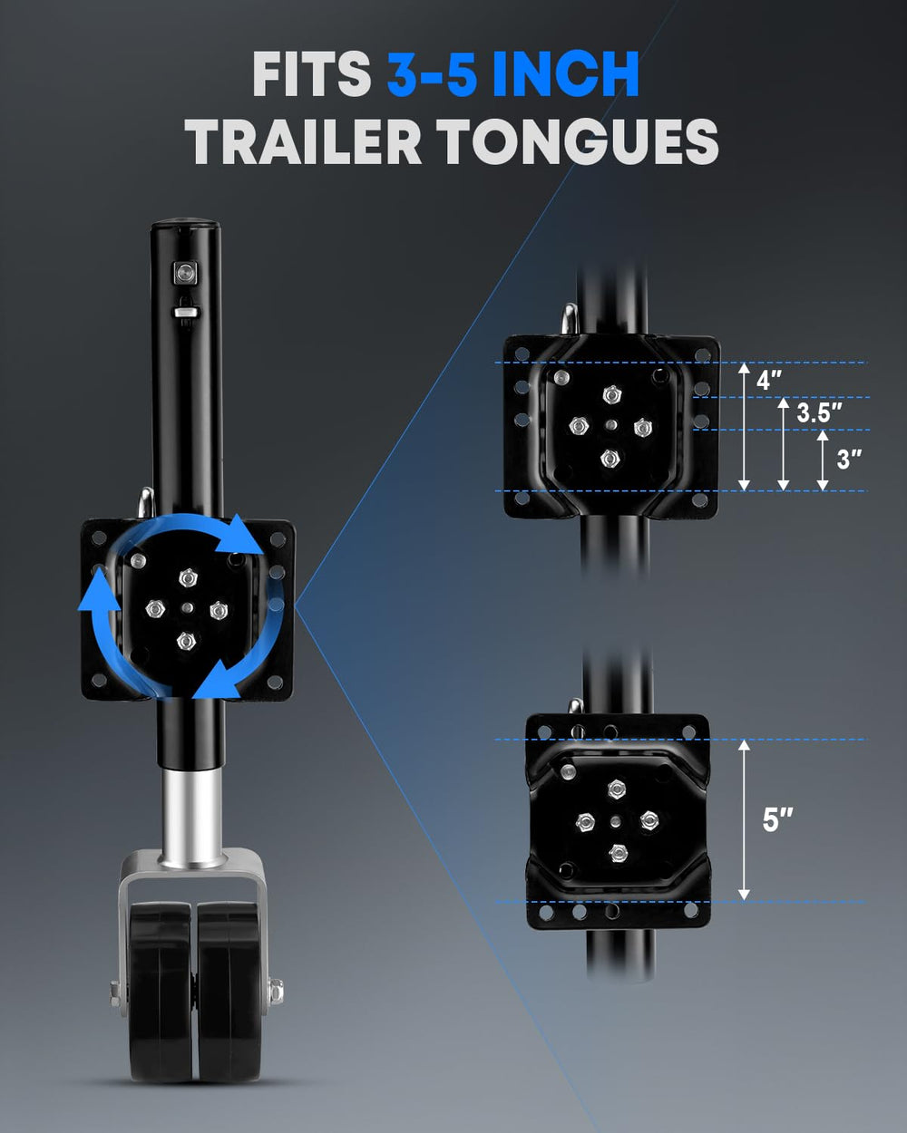 Kohree jack swiveled 90 degrees demonstrating compact travel position for towing