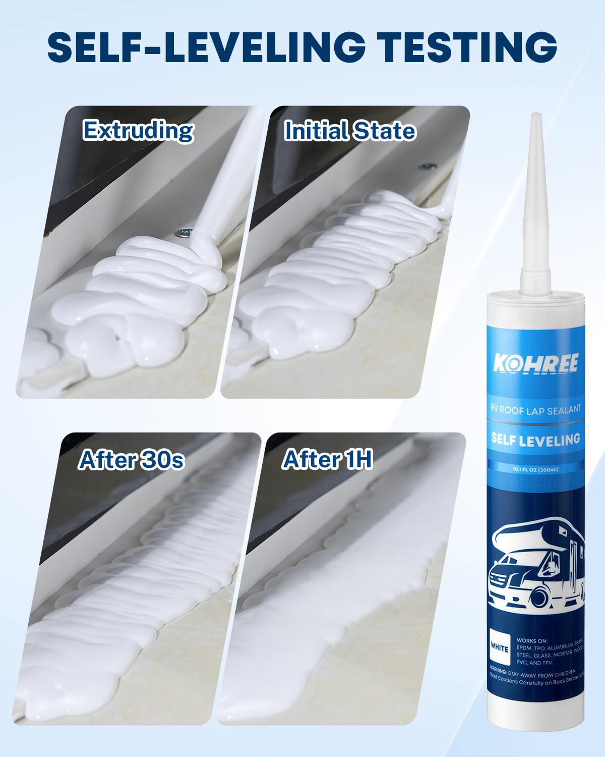 Kohree nozzle extruding white sealant demonstrating quick self-leveling benefit