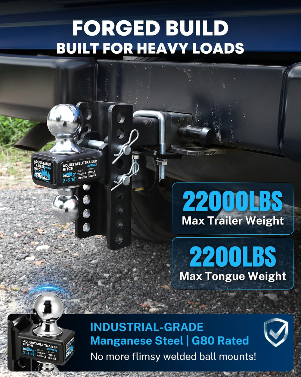 Kohree close-up of 2" and 2-5/16" hitch balls showing versatility