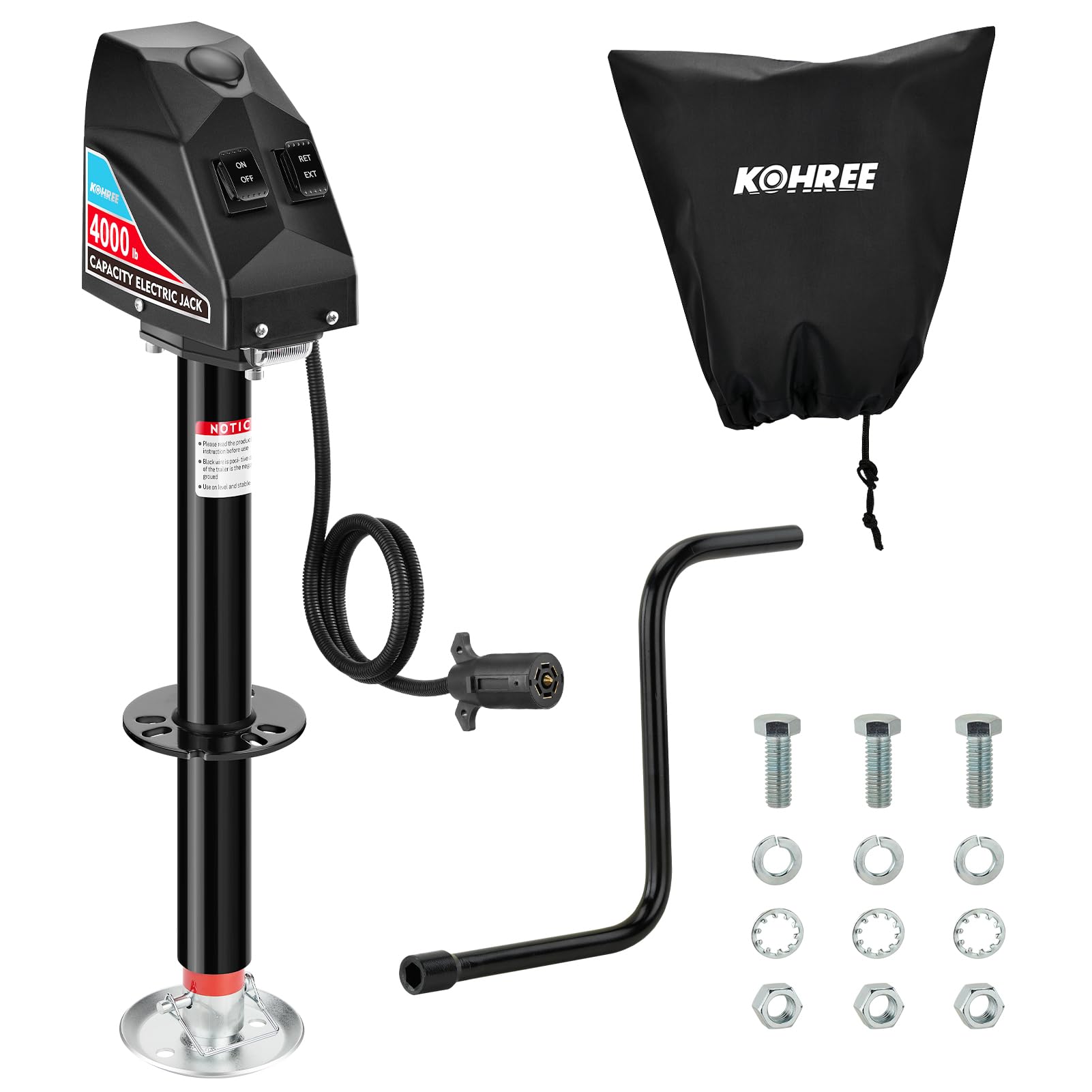 Kohree front view of electric trailer jack showing sturdy mount and benefit quick hookup