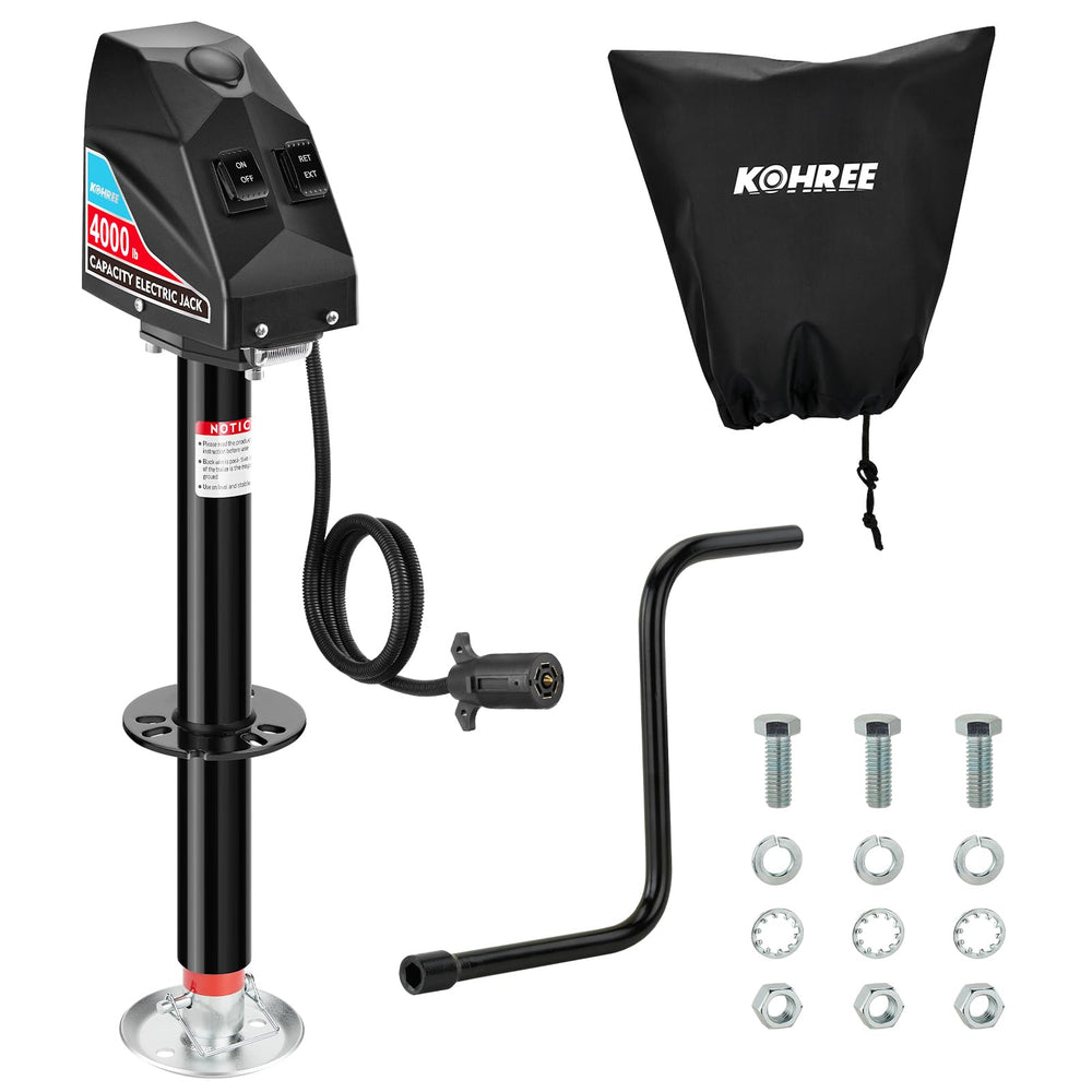 Kohree front view of electric trailer jack showing sturdy mount and benefit quick hookup