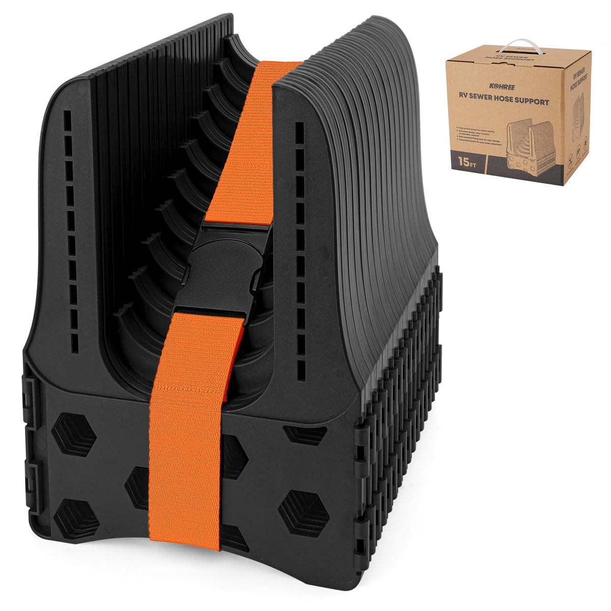 Kohree front packaged view showing black support preventing hose sag