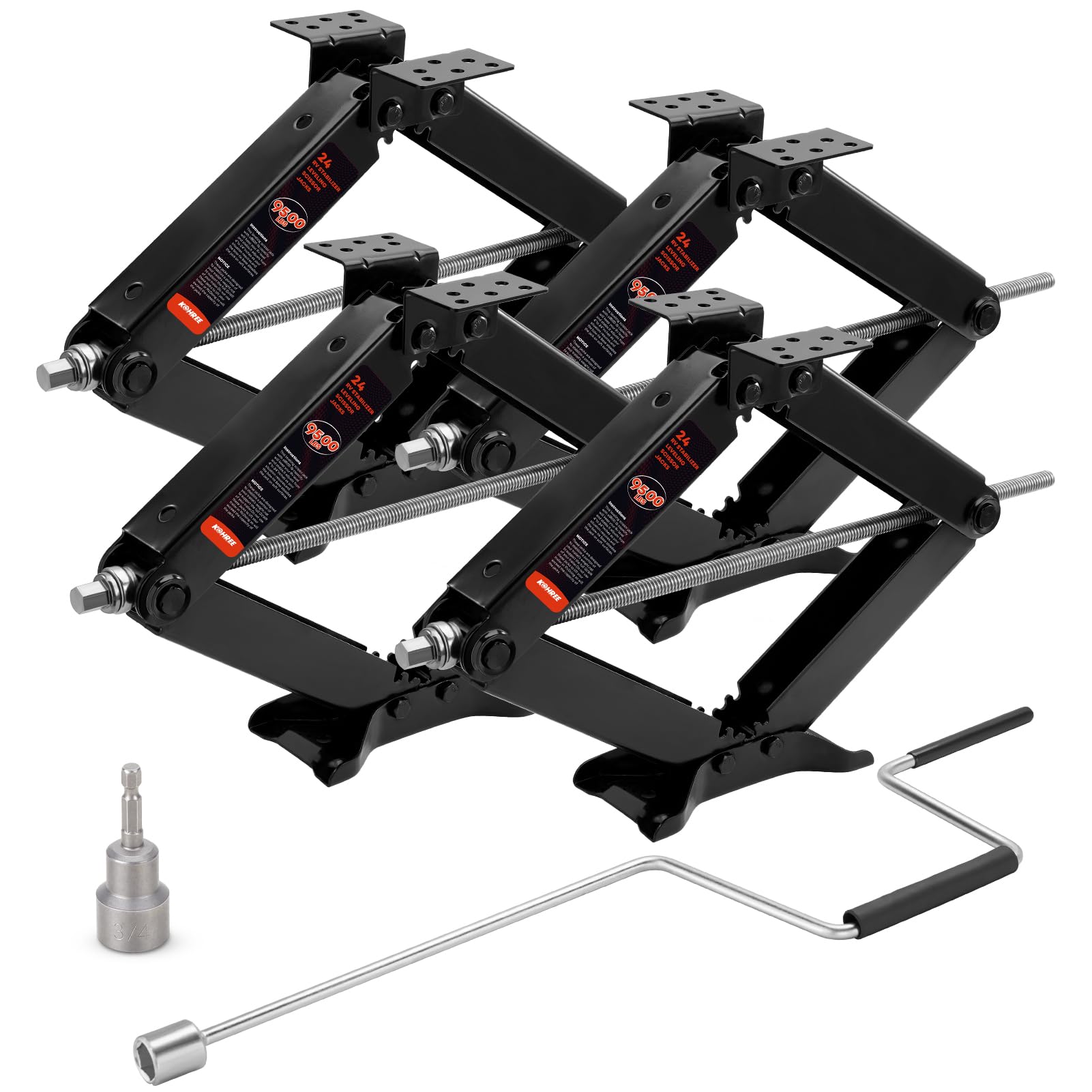 Kohree front packaging showing heavy-duty stabilizer jack and included tools for dependable support