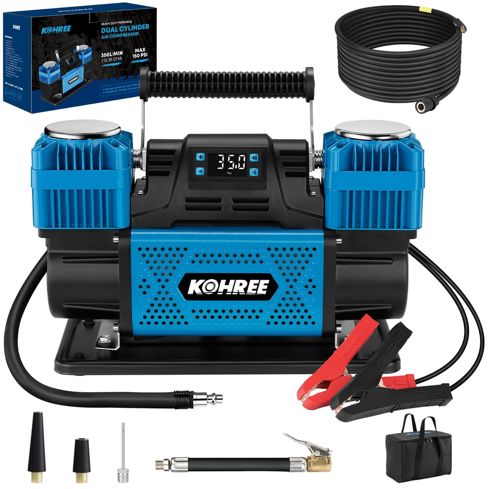 Kohree compressor front view showing controls and durable housing, reliable roadside inflation