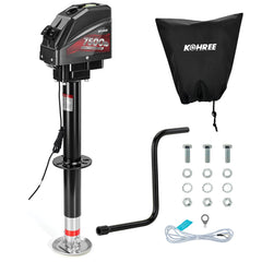 Kohree front view of electric trailer jack showing sturdy housing and quick hookup benefit