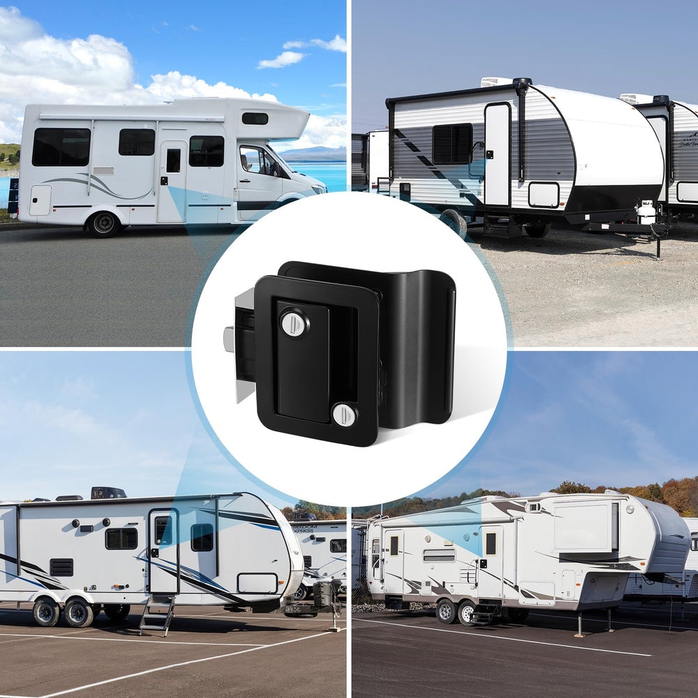 Kohree lock on a camper door in outdoor setting emphasizing weather resistance