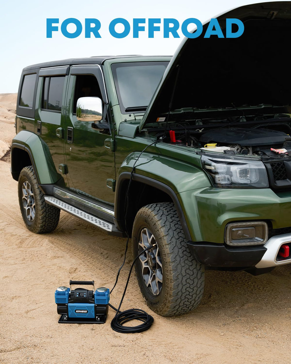 Kohree compressor next to SUV tire for scale, powerful capacity for large tires