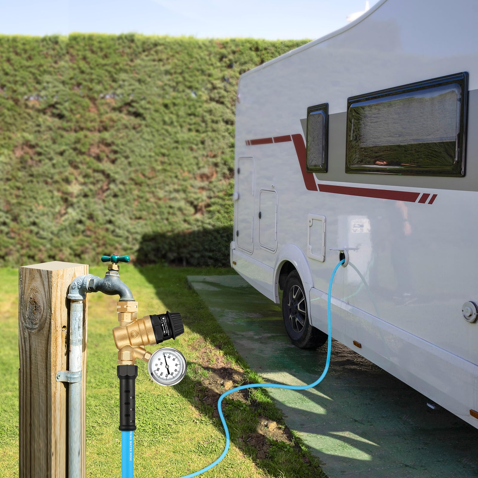 Kohree regulator next to a tape measure showing compact size for travel storage