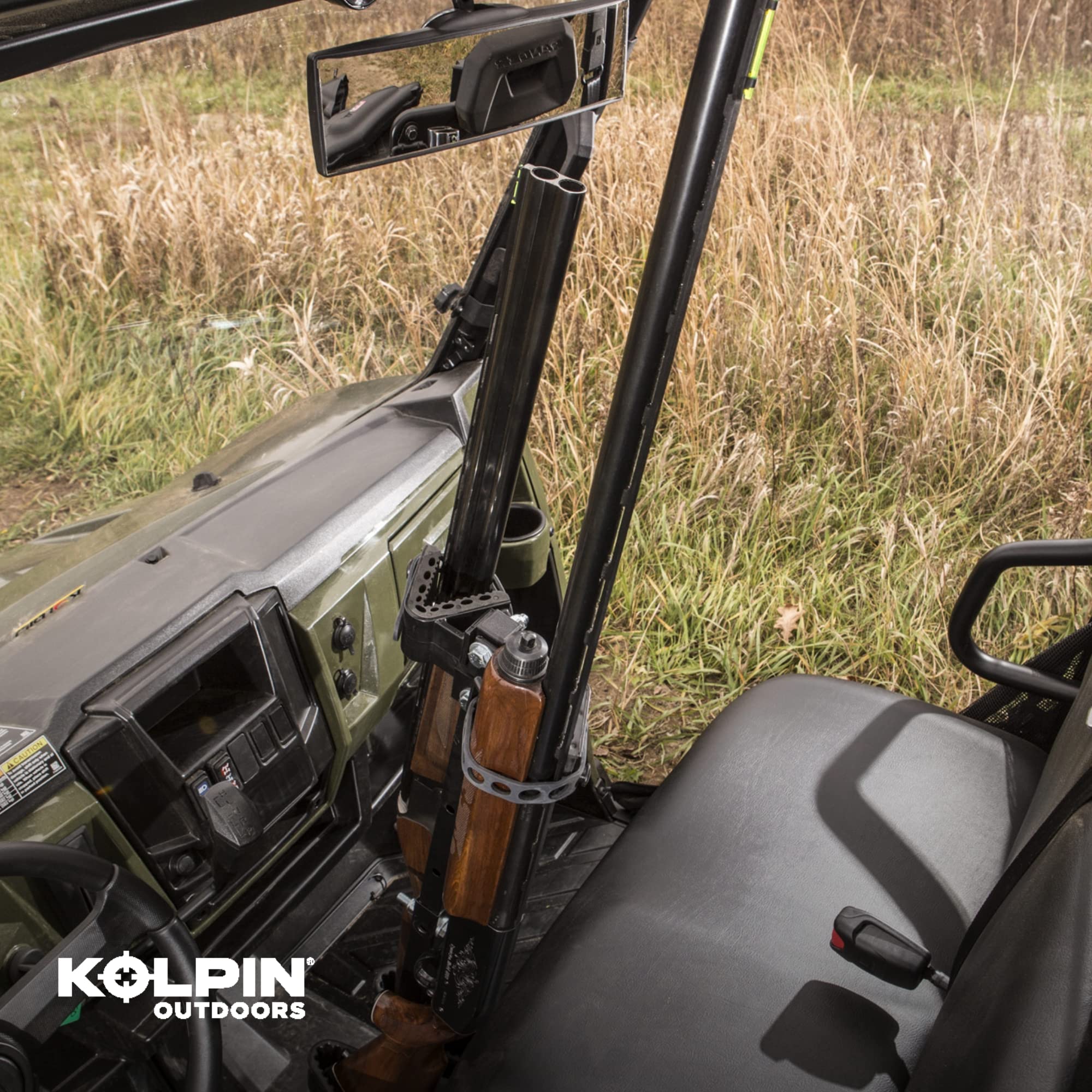 Kolpin gun rack installed in UTV cab for fast driver or passenger access