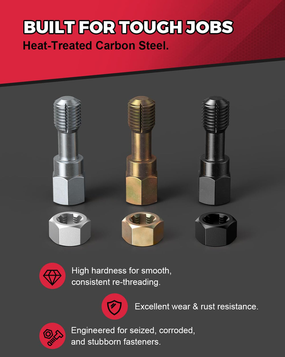 Kolvoii close-up of a tap and die showing durable heat-treated finish