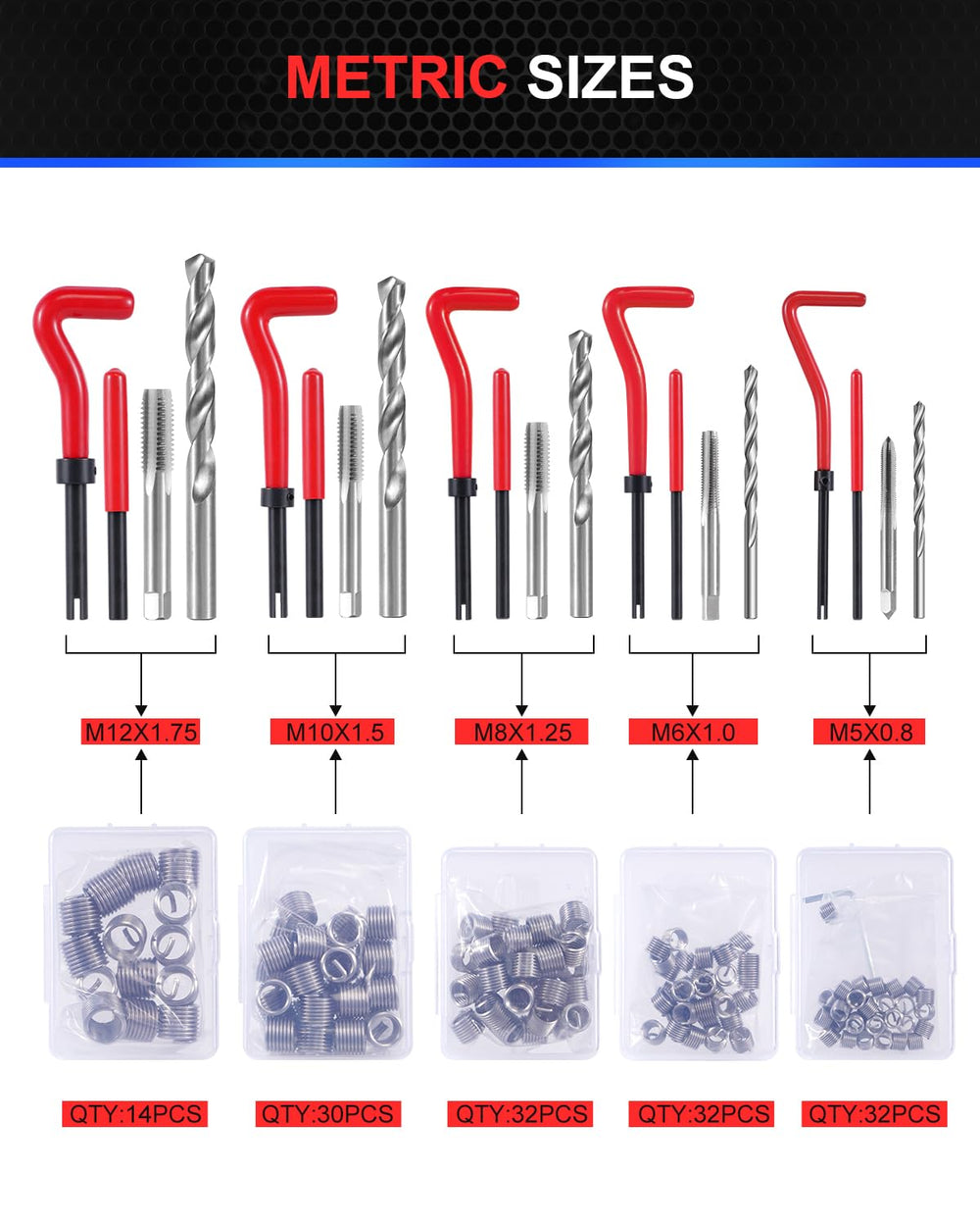 Kolvoii drill bits and taps arranged to show precision sizing benefits