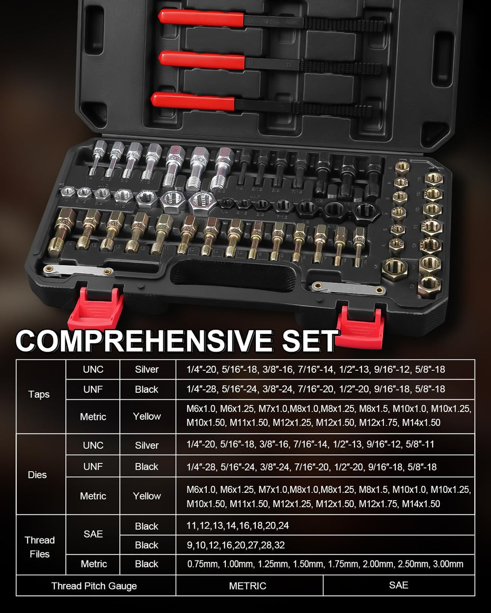 Kolvoii open case with color-coded taps dies organized for quick access