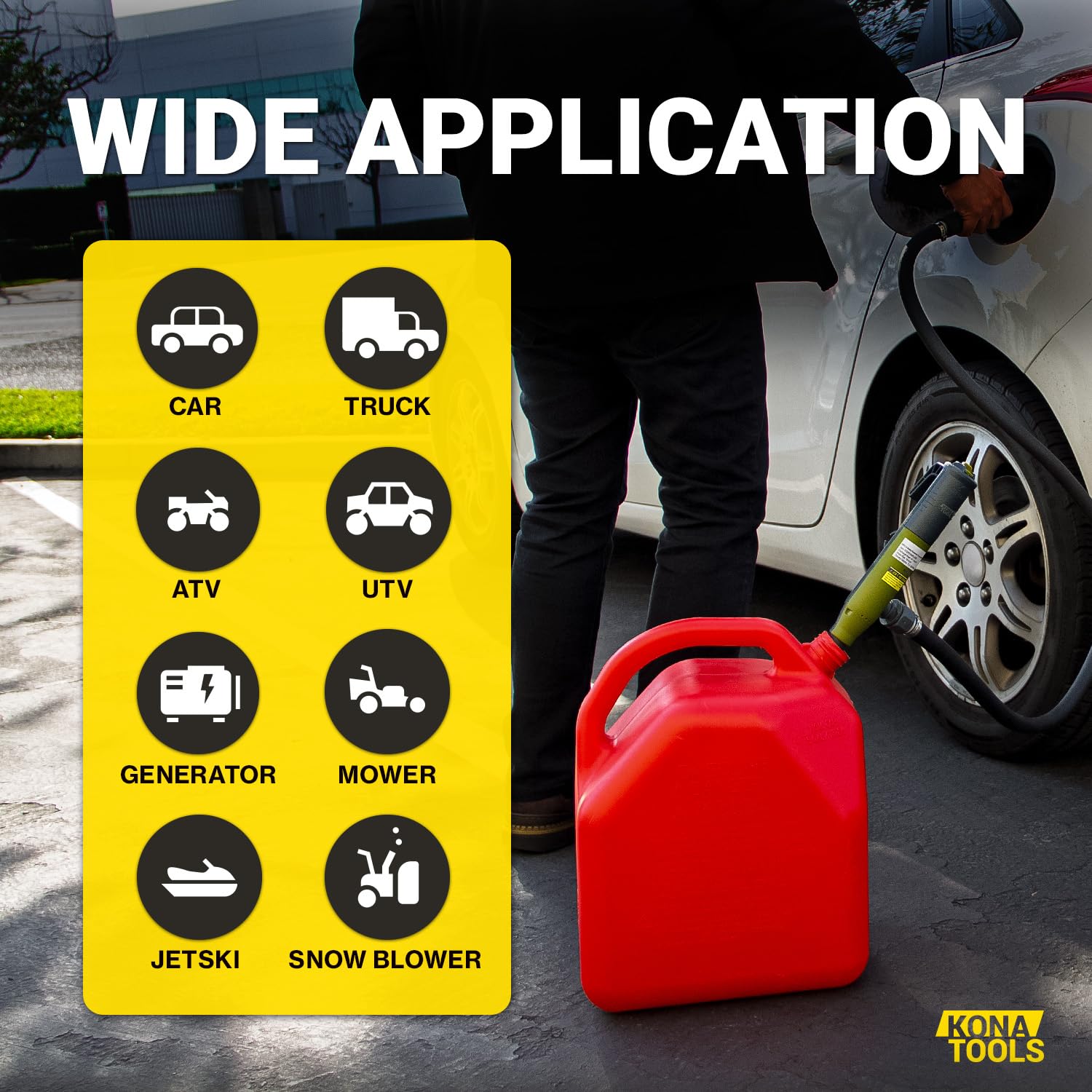 KONA TOOLS pump beside a gallon jug to illustrate compact size and scale