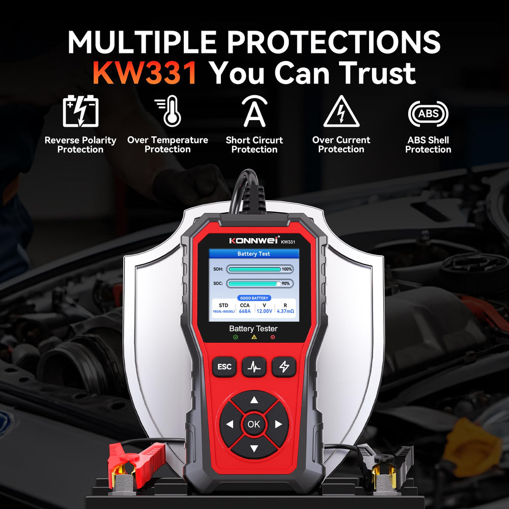 KONNWEI KW331 safety shield icons illustrating built-in protection