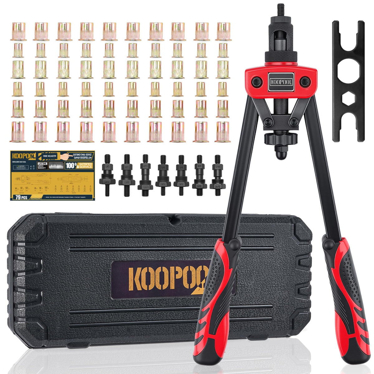KOOPOOL 14" rivet nut tool front view showing ergonomic handle and jaw benefit