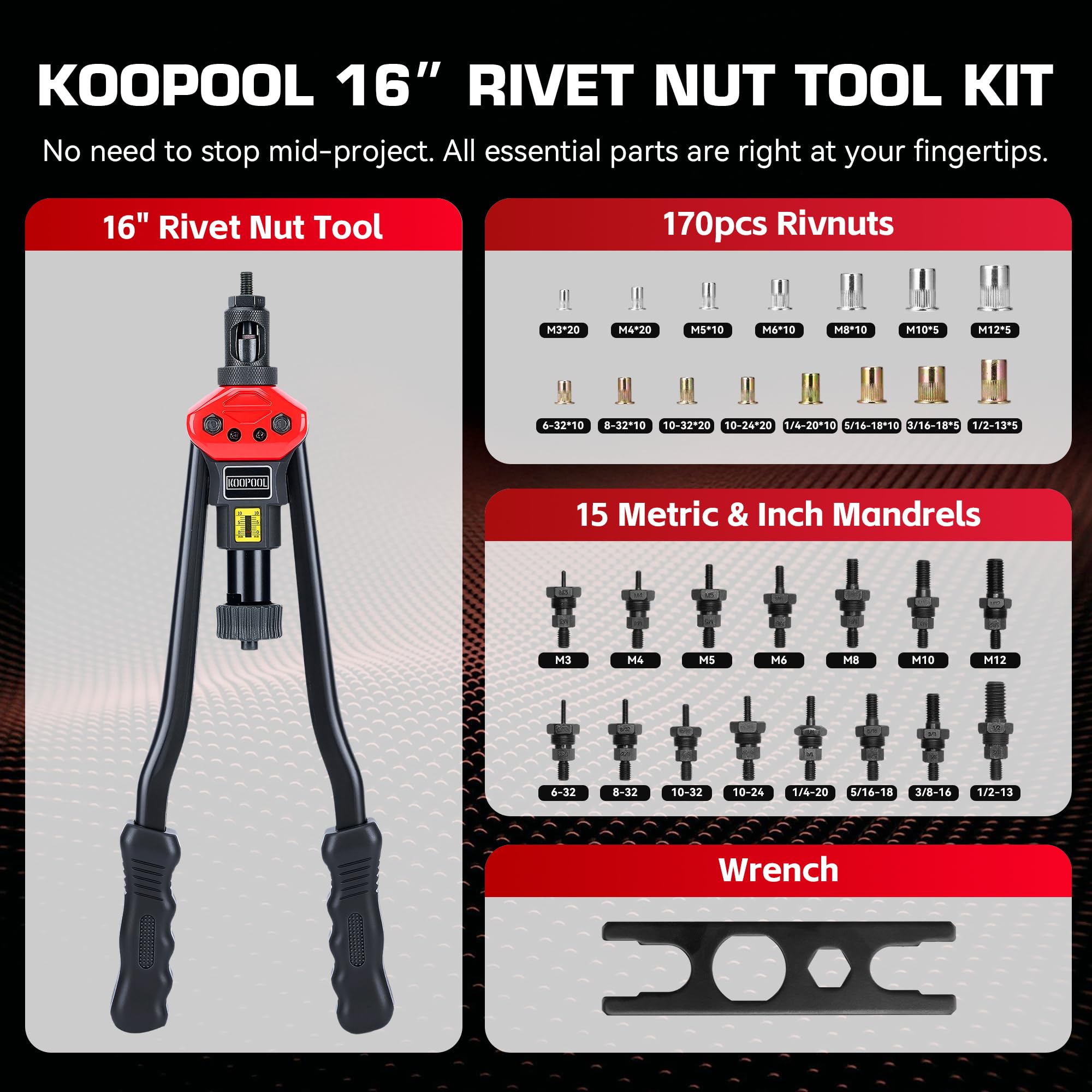 KOOPOOL kit laid out with 14 mandrels and 170 nuts for immediate project start