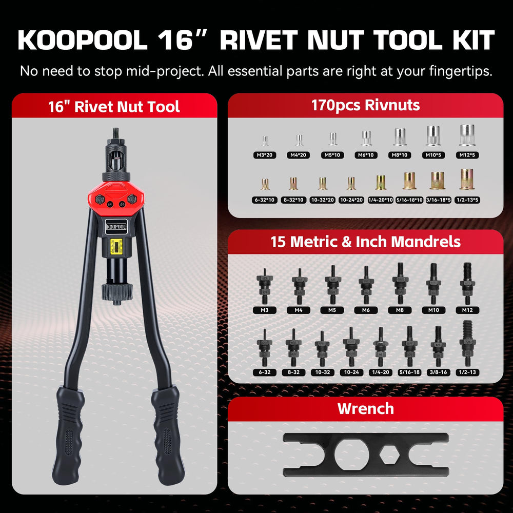 KOOPOOL kit laid out with 14 mandrels and 170 nuts for immediate project start